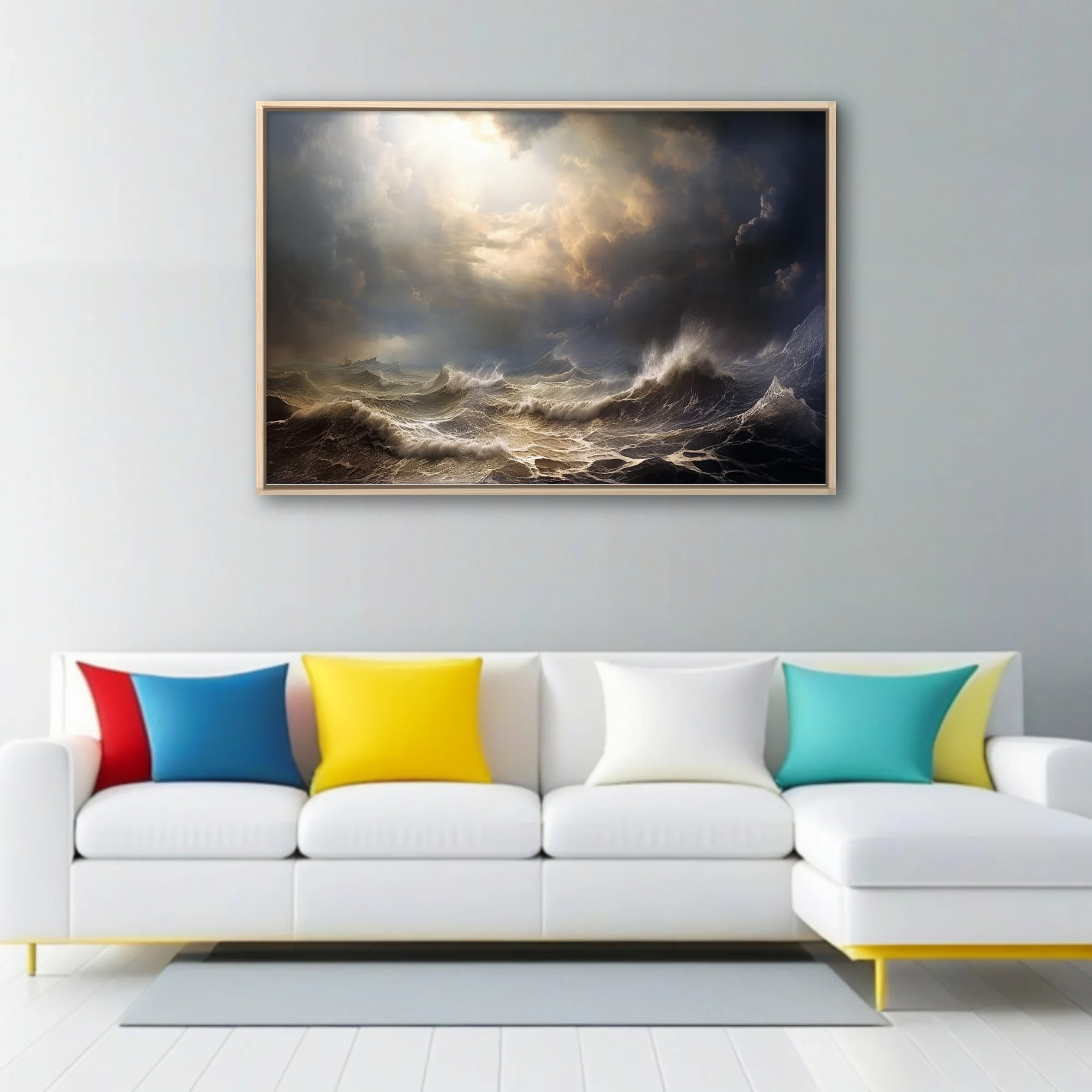 Cinematic stormy seascape with dramatic light breaking through dark storm clouds