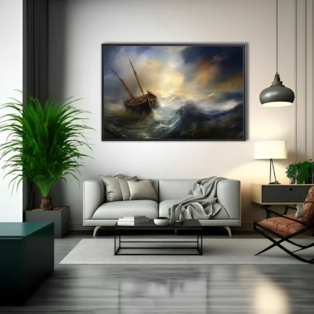 Stormy sea painting with sailing vessel and dramatic golden sky
