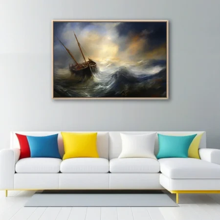 Stormy sea painting with sailing vessel and dramatic golden sky
