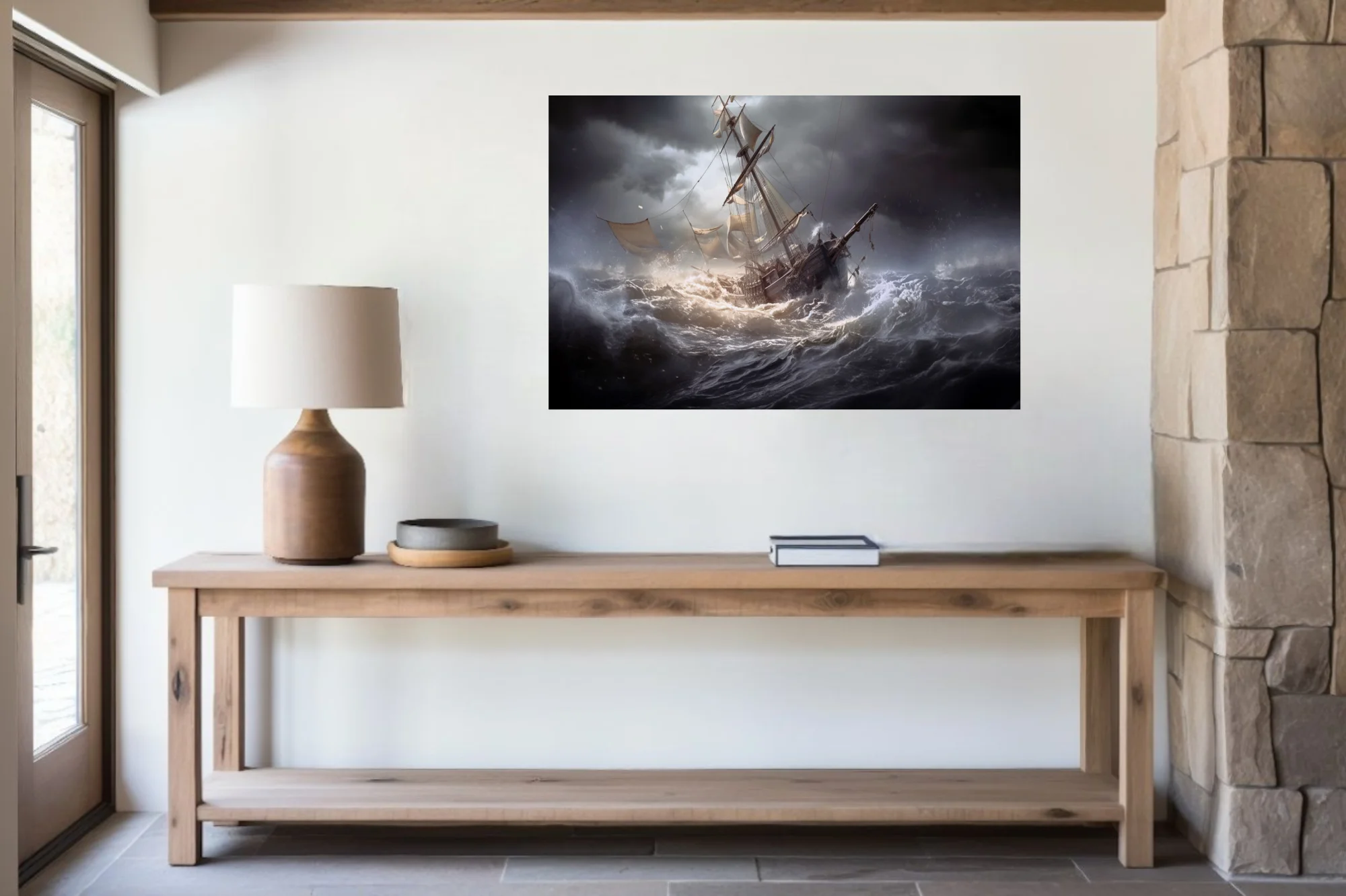 Cinematic tall ship in stormy seas, dark dramatic skies, churning waves