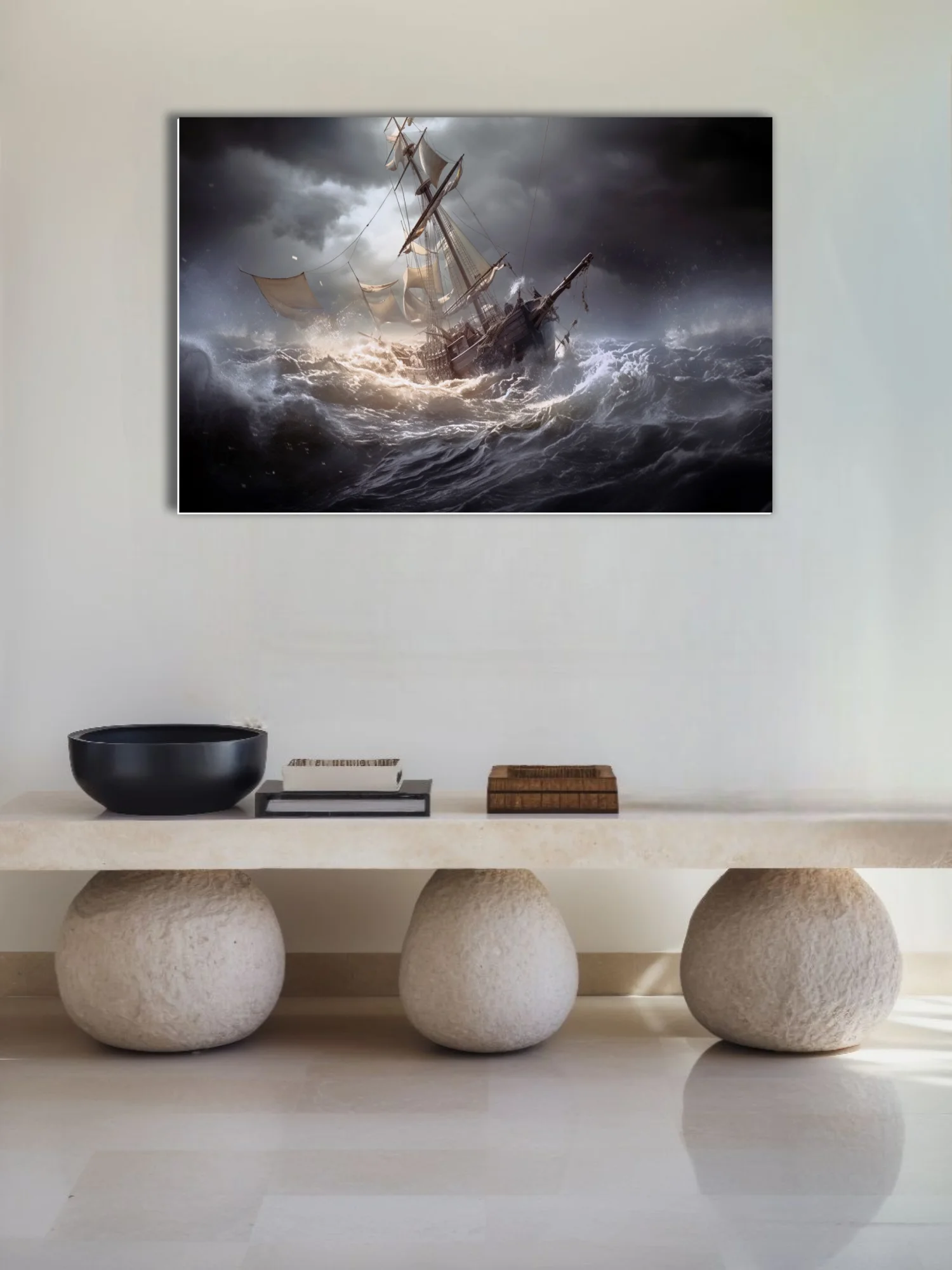 Cinematic tall ship in stormy seas, dark dramatic skies, churning waves