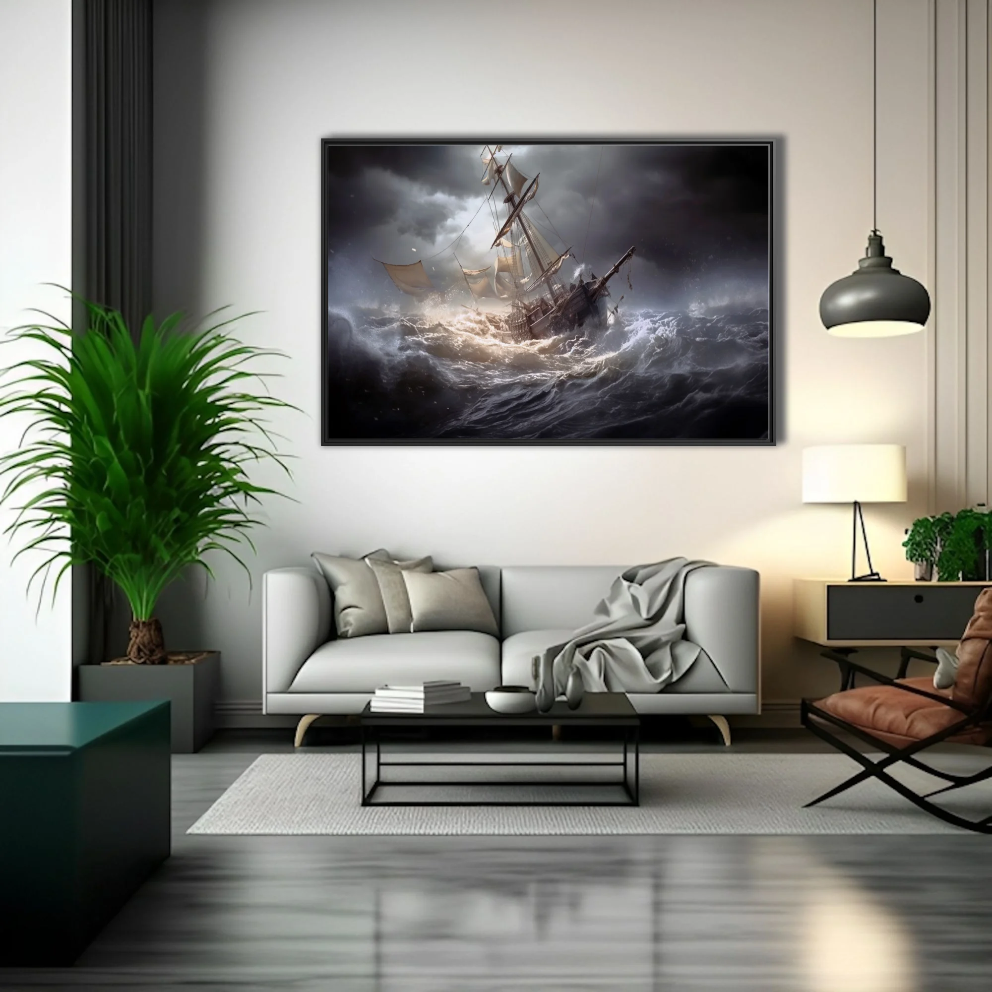 Cinematic tall ship in stormy seas, dark dramatic skies, churning waves