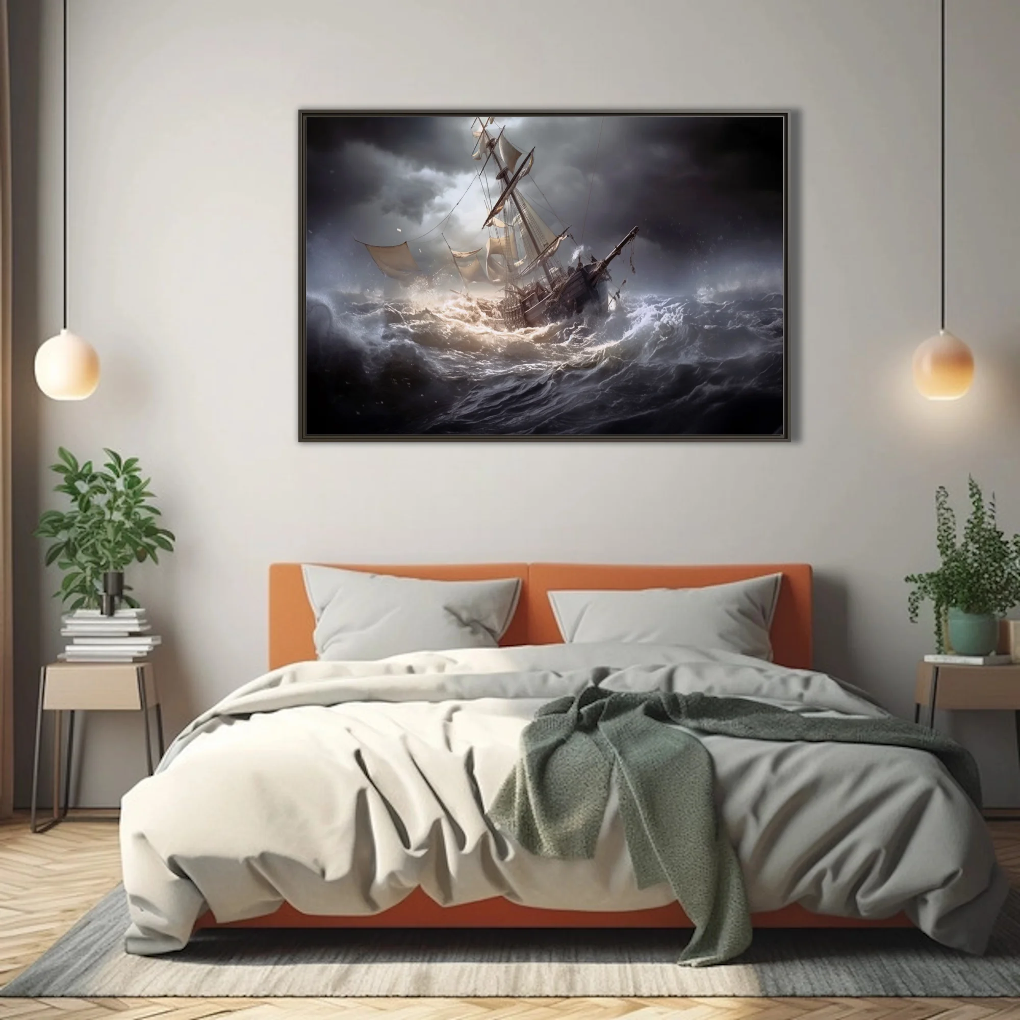 Cinematic tall ship in stormy seas, dark dramatic skies, churning waves