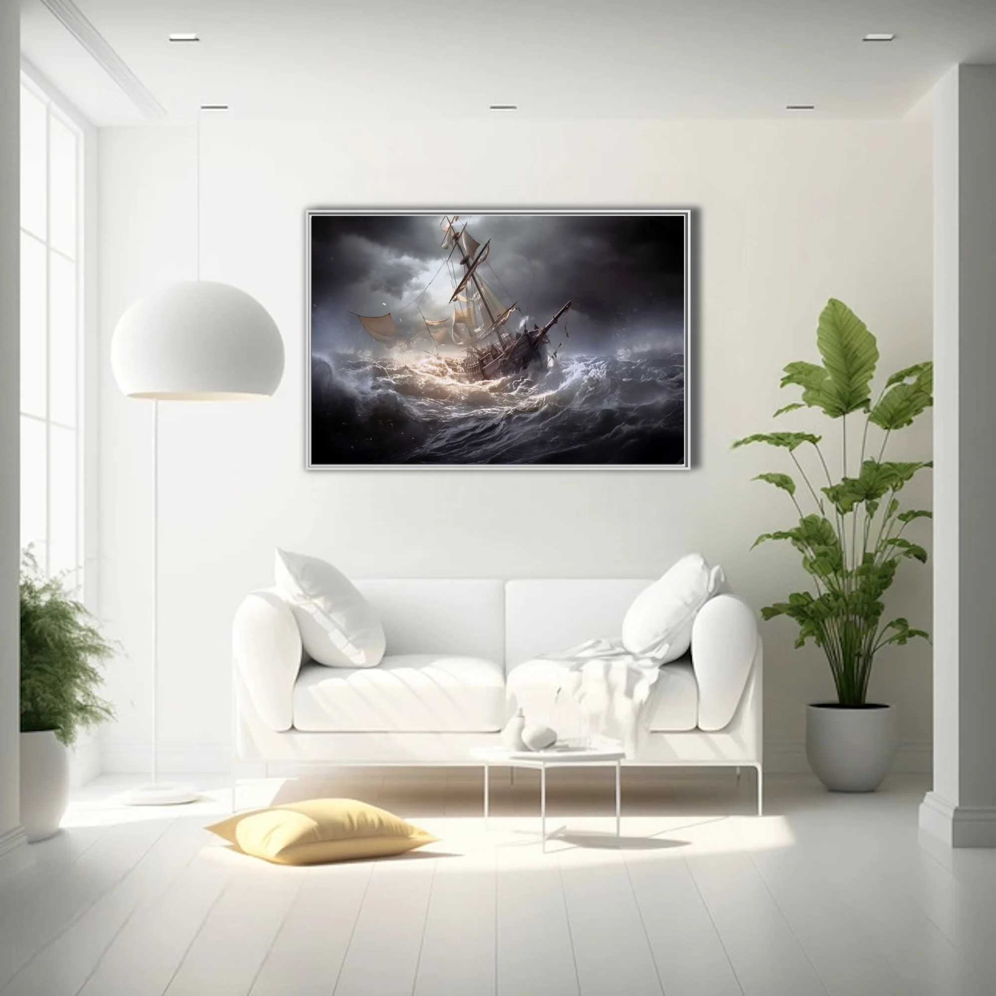 Cinematic tall ship in stormy seas, dark dramatic skies, churning waves