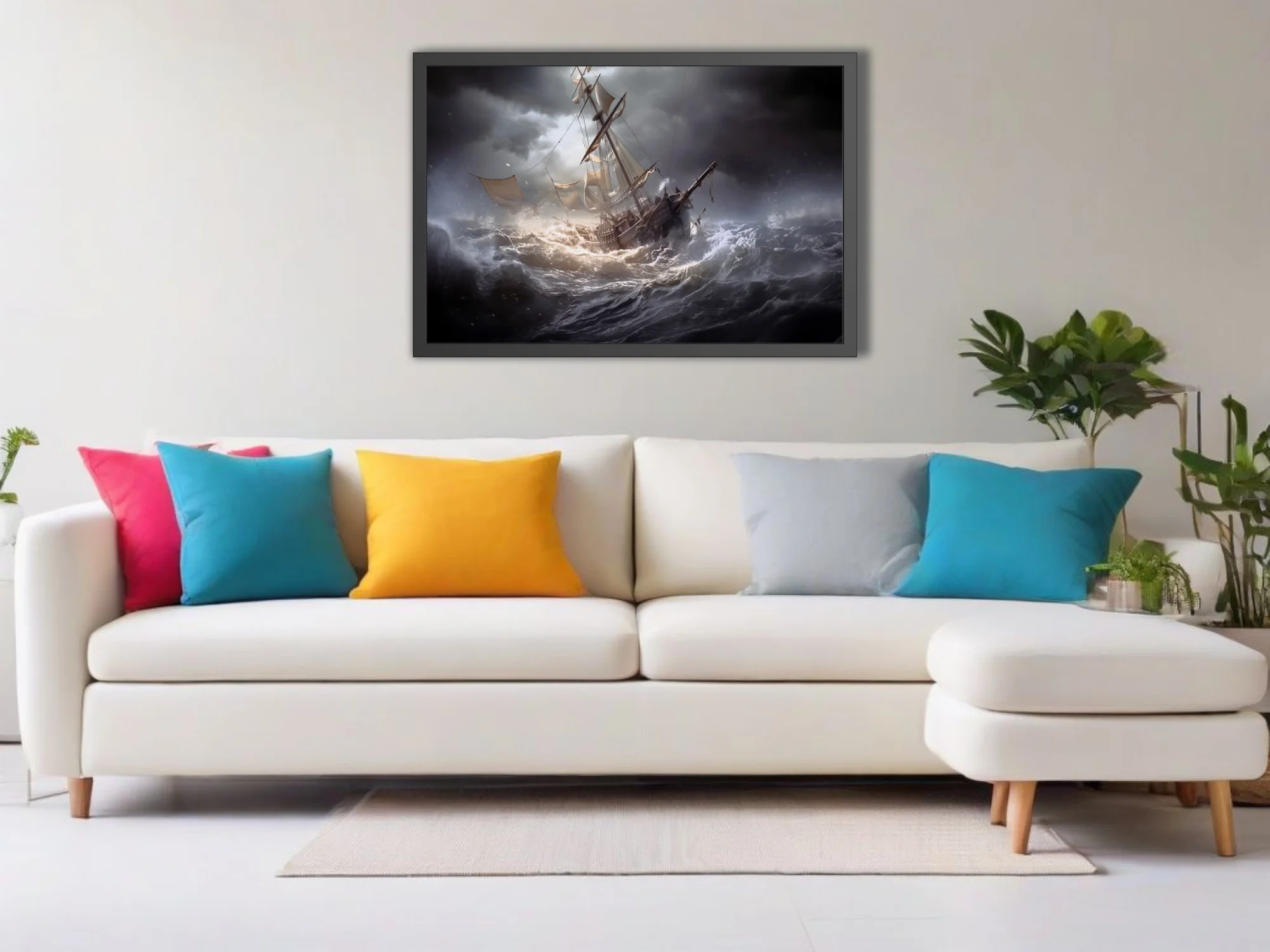 Cinematic tall ship in stormy seas, dark dramatic skies, churning waves