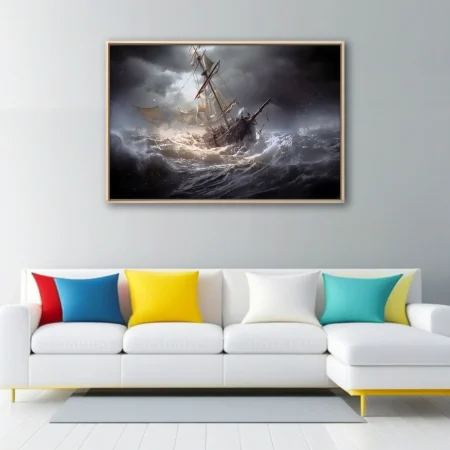 Cinematic tall ship in stormy seas, dark dramatic skies, churning waves