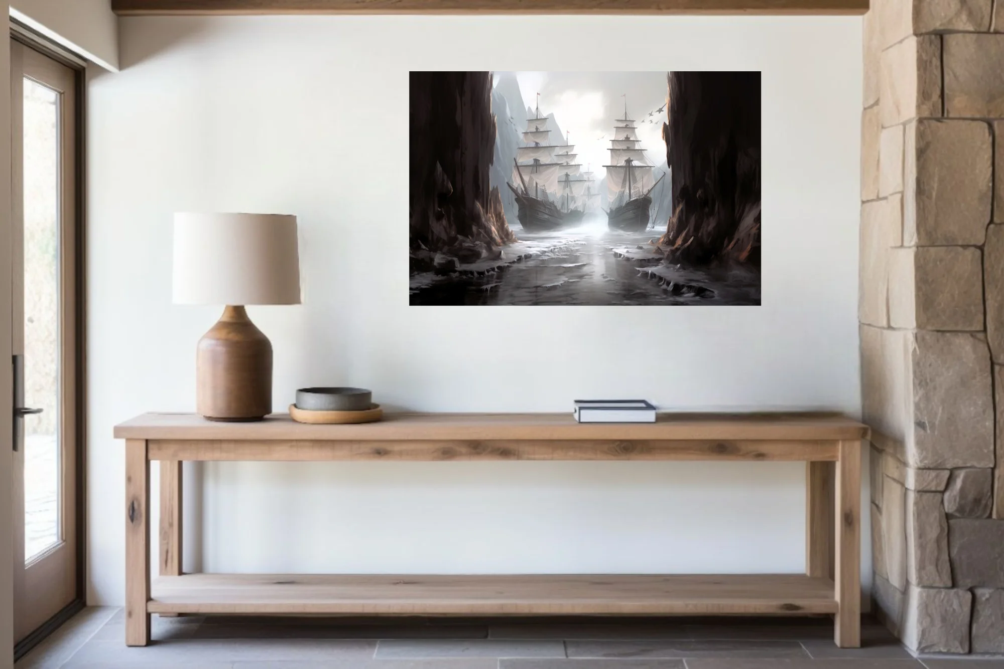 Fantasy tall ships in misty rocky passage, cinematic dark maritime illustration