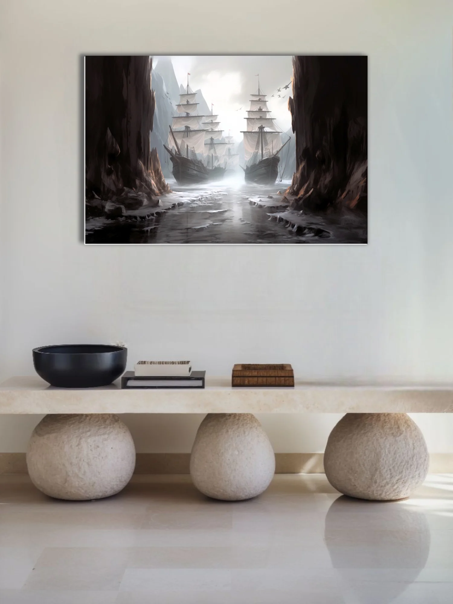 Fantasy tall ships in misty rocky passage, cinematic dark maritime illustration