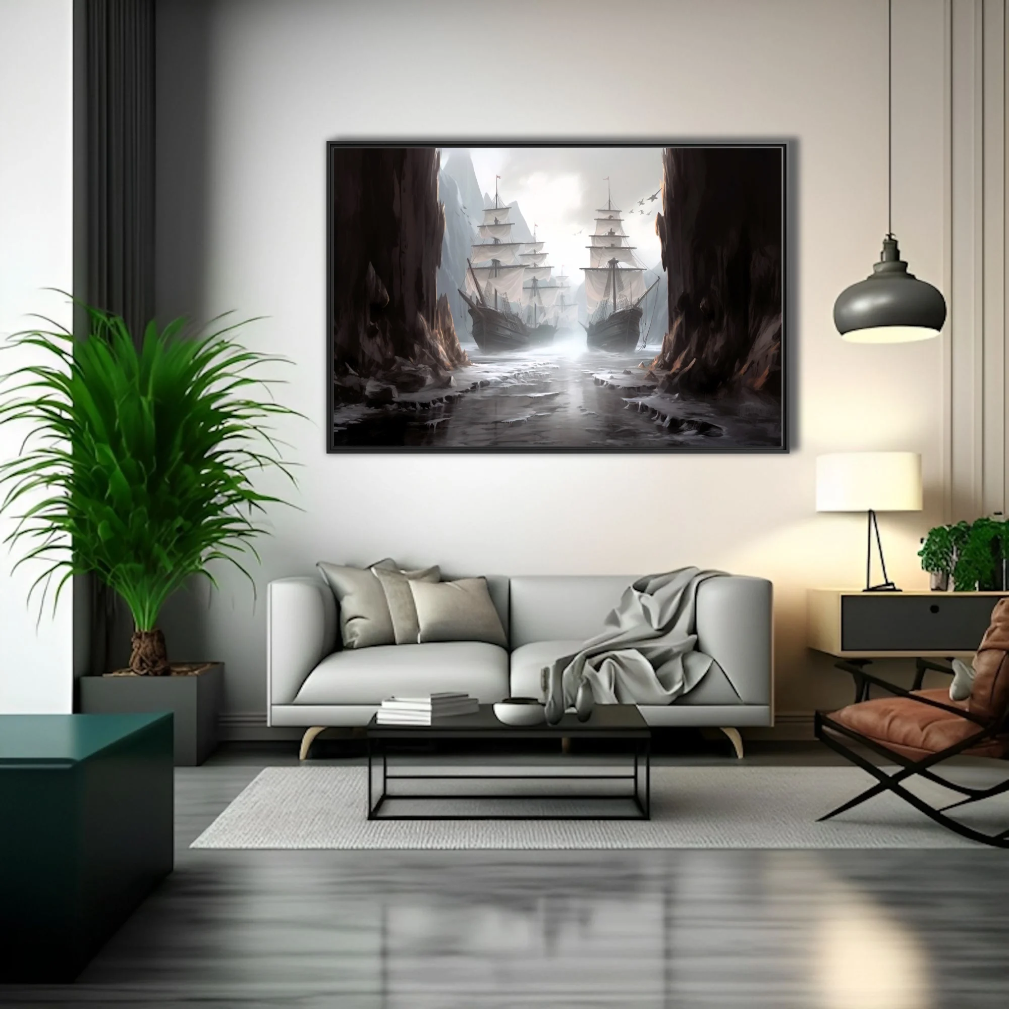 Fantasy tall ships in misty rocky passage, cinematic dark maritime illustration