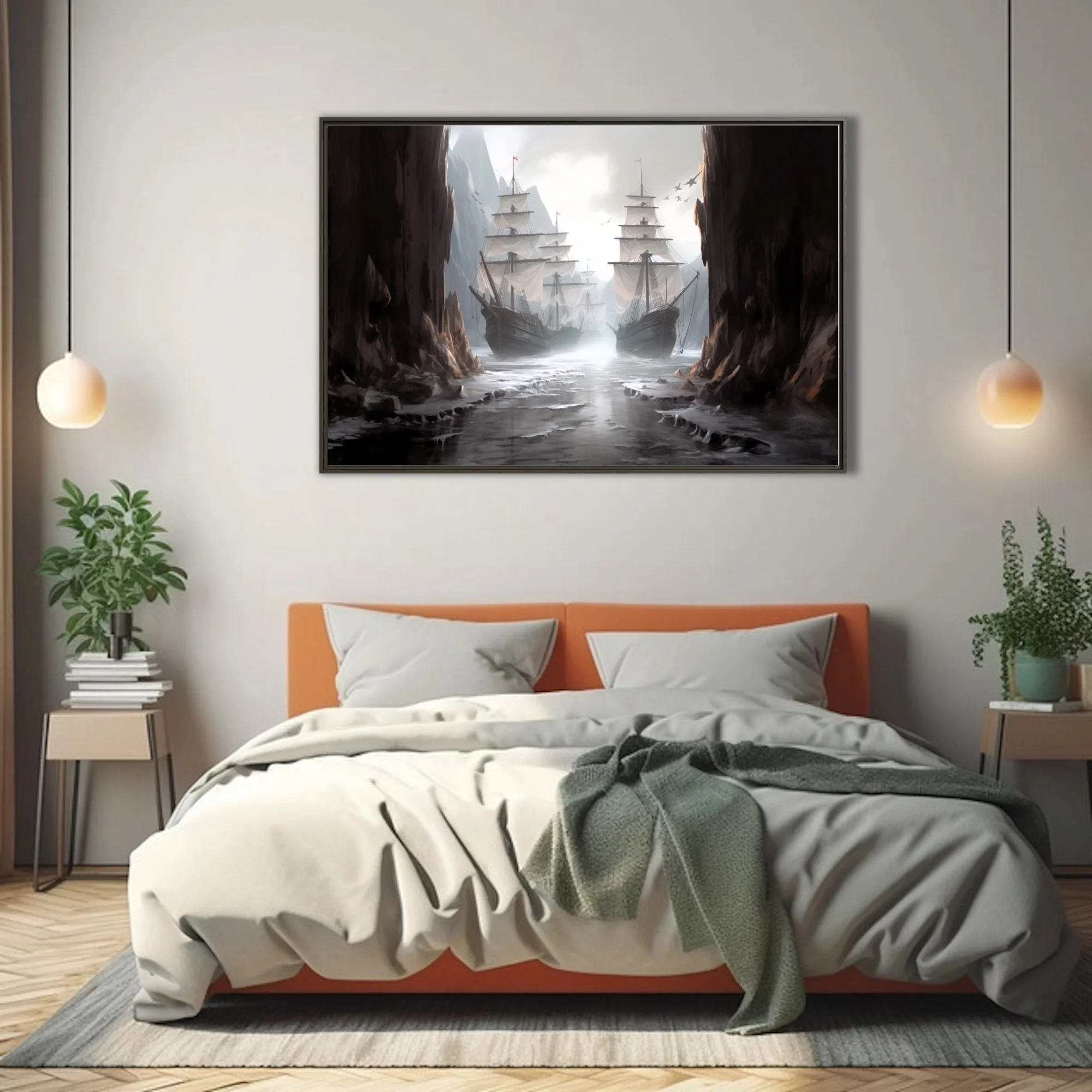 Fantasy tall ships in misty rocky passage, cinematic dark maritime illustration