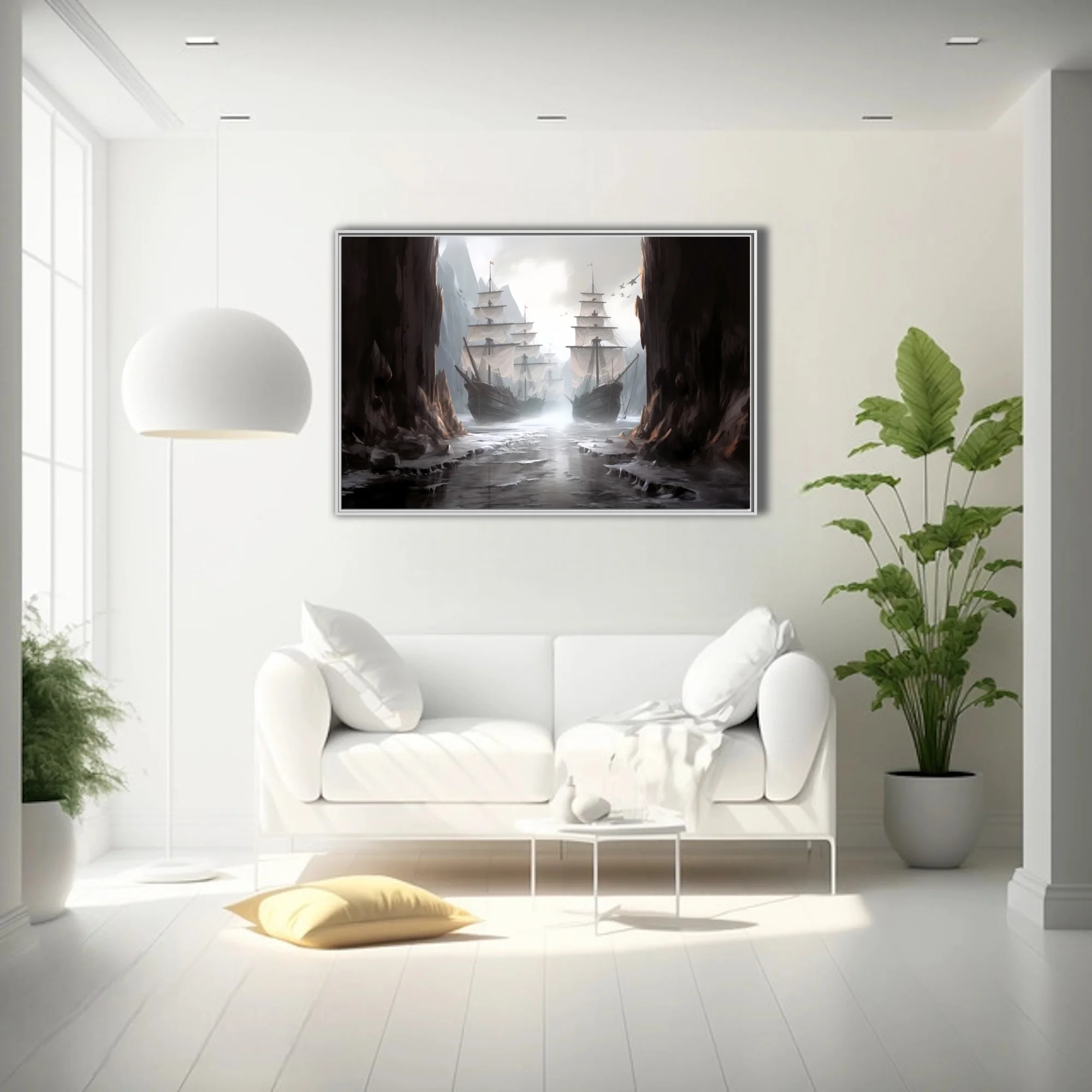 Fantasy tall ships in misty rocky passage, cinematic dark maritime illustration