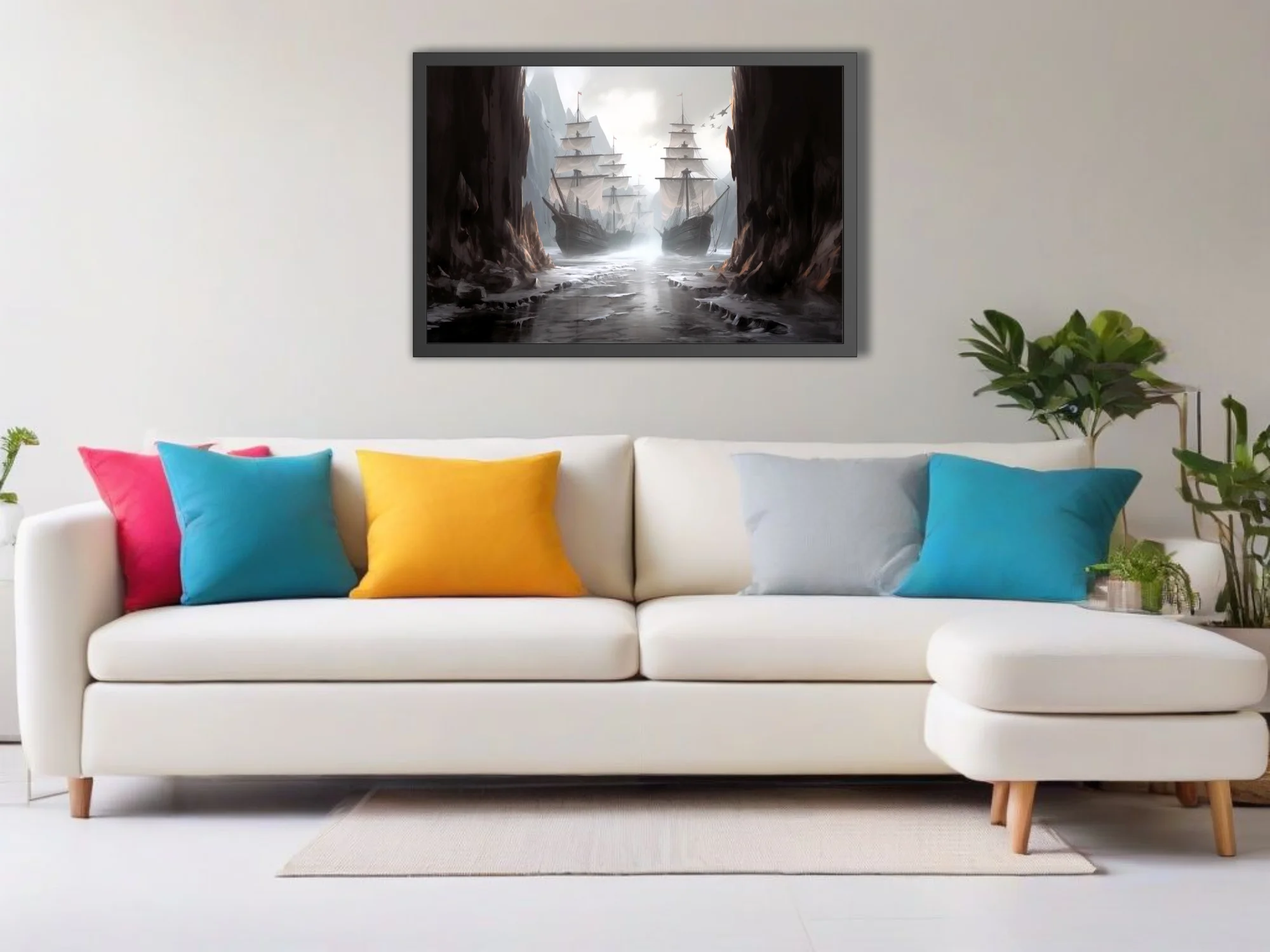 Fantasy tall ships in misty rocky passage, cinematic dark maritime illustration