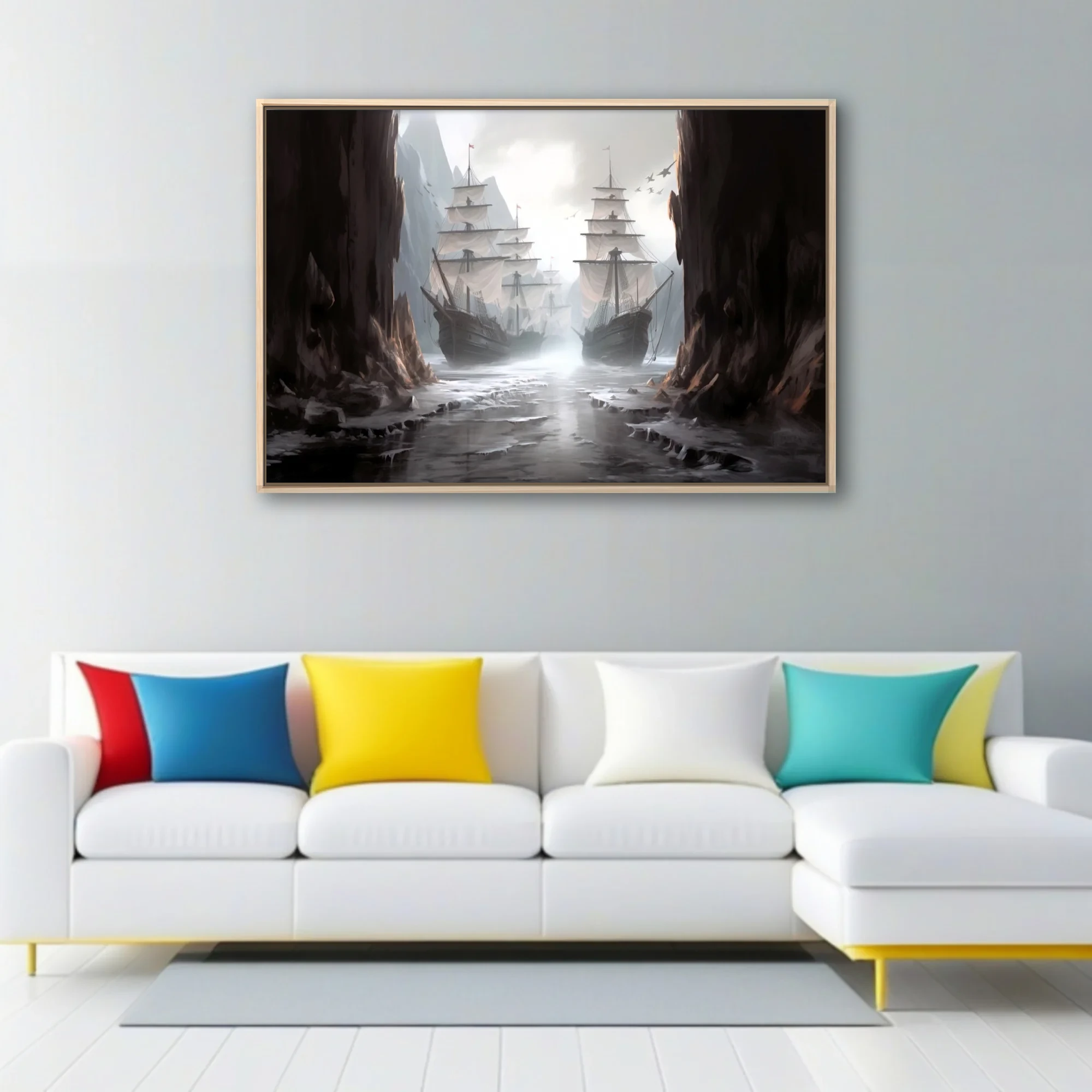 Fantasy tall ships in misty rocky passage, cinematic dark maritime illustration