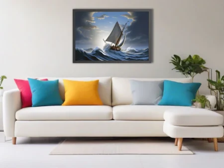 Dramatic sailboat on stormy seas, steel-blue waves and backlit stormy sky