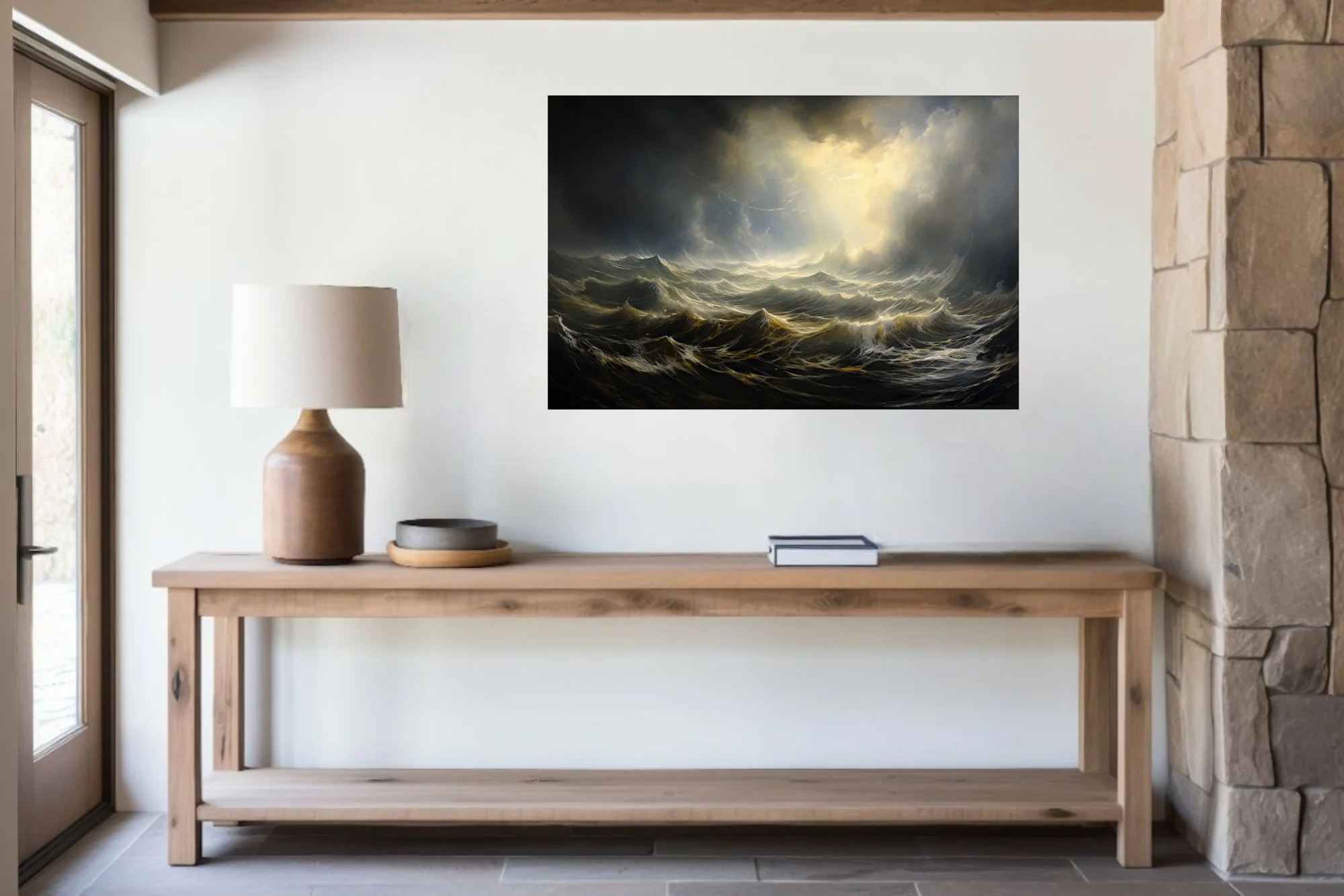 Stormy seascape artwork, dramatic waves and golden light breaking through dark clouds