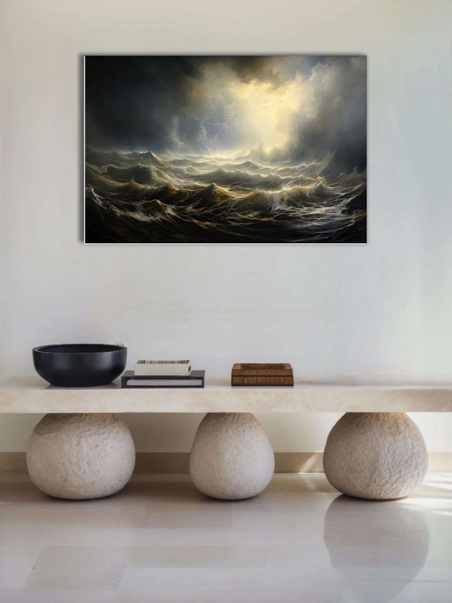 Stormy seascape artwork, dramatic waves and golden light breaking through dark clouds