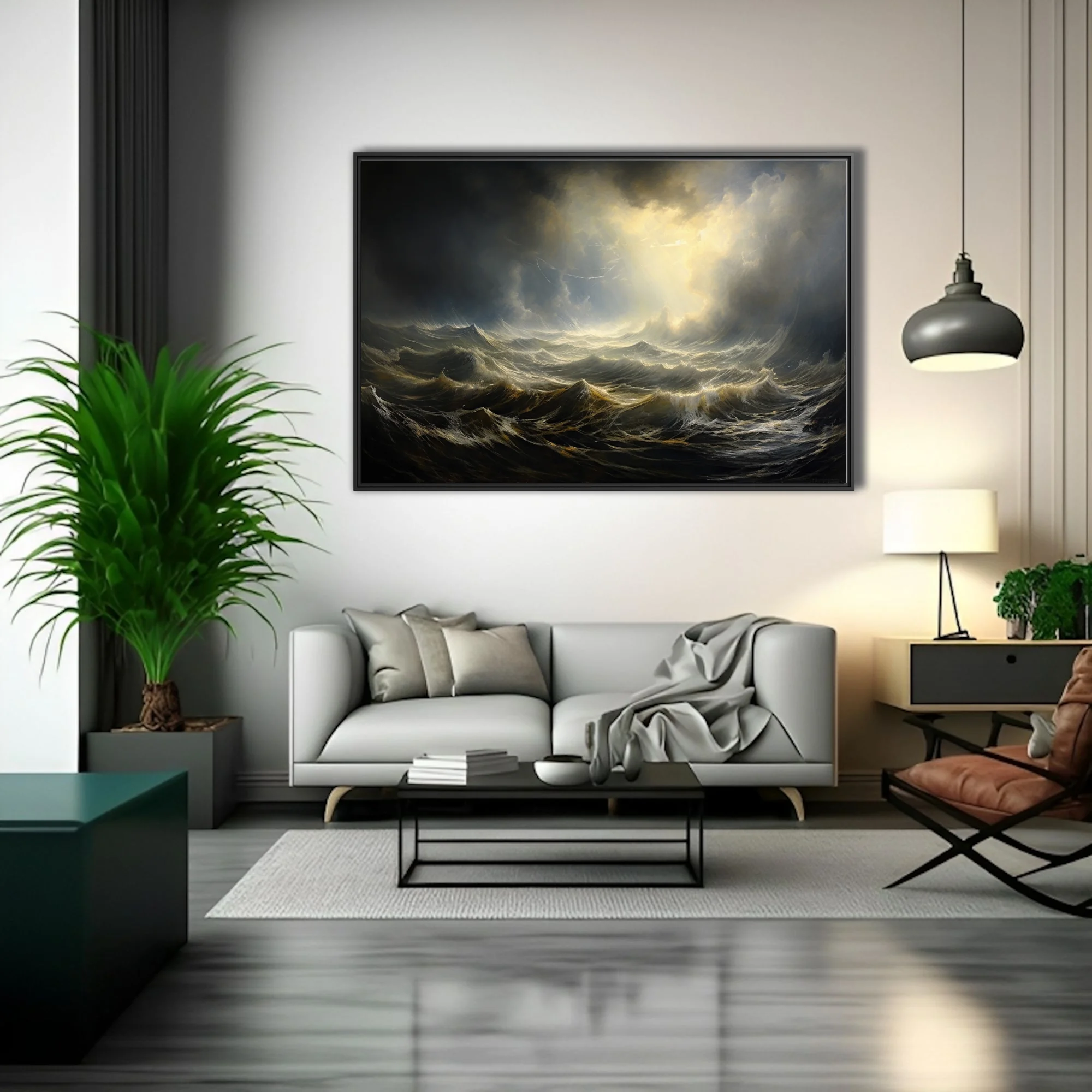 Stormy seascape artwork, dramatic waves and golden light breaking through dark clouds