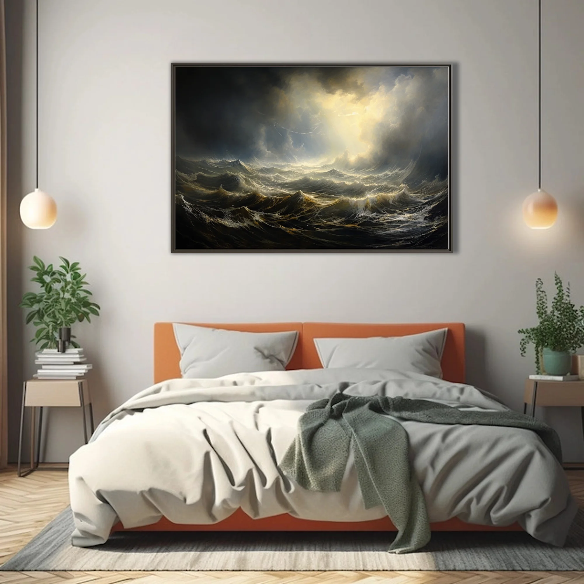 Stormy seascape artwork, dramatic waves and golden light breaking through dark clouds