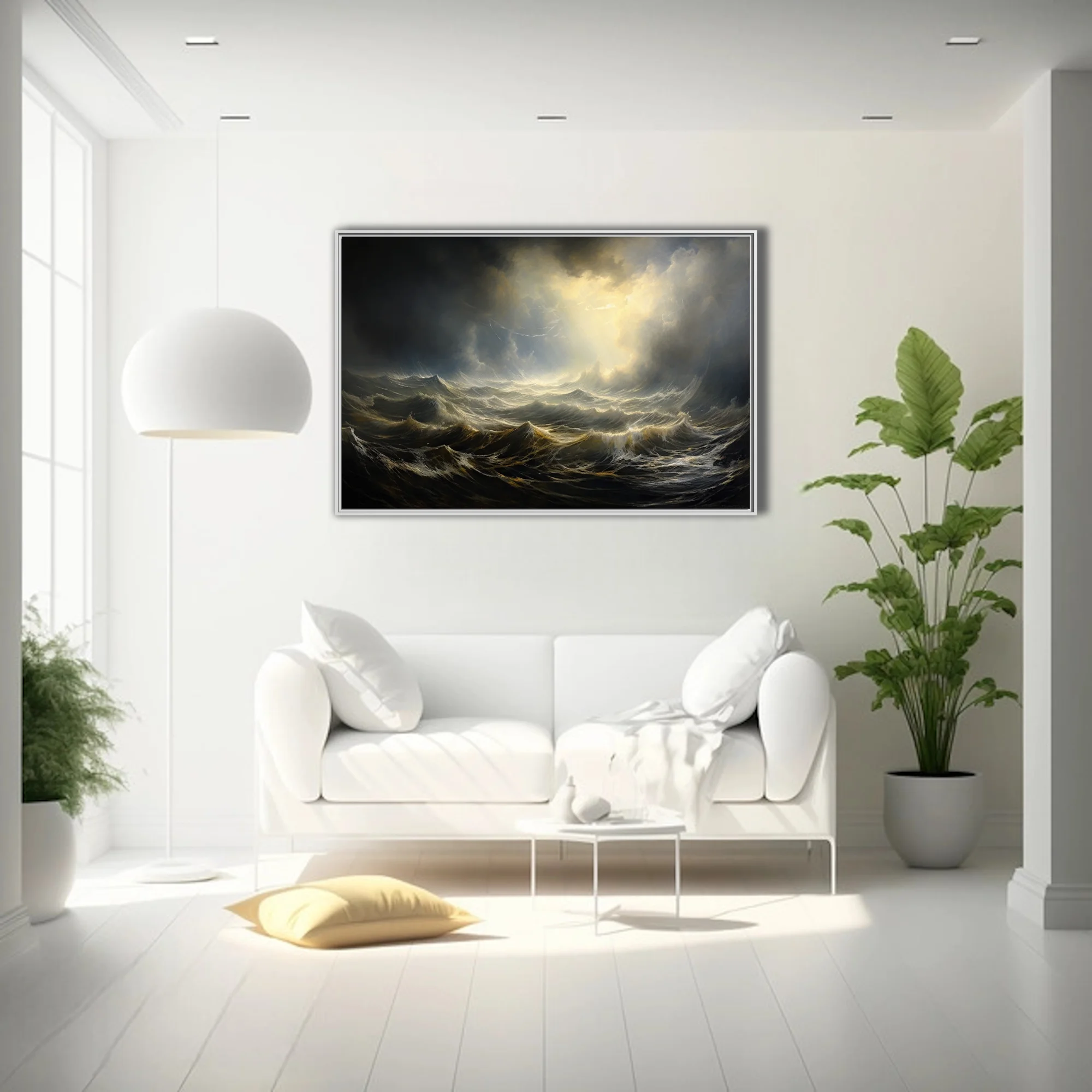 Stormy seascape artwork, dramatic waves and golden light breaking through dark clouds