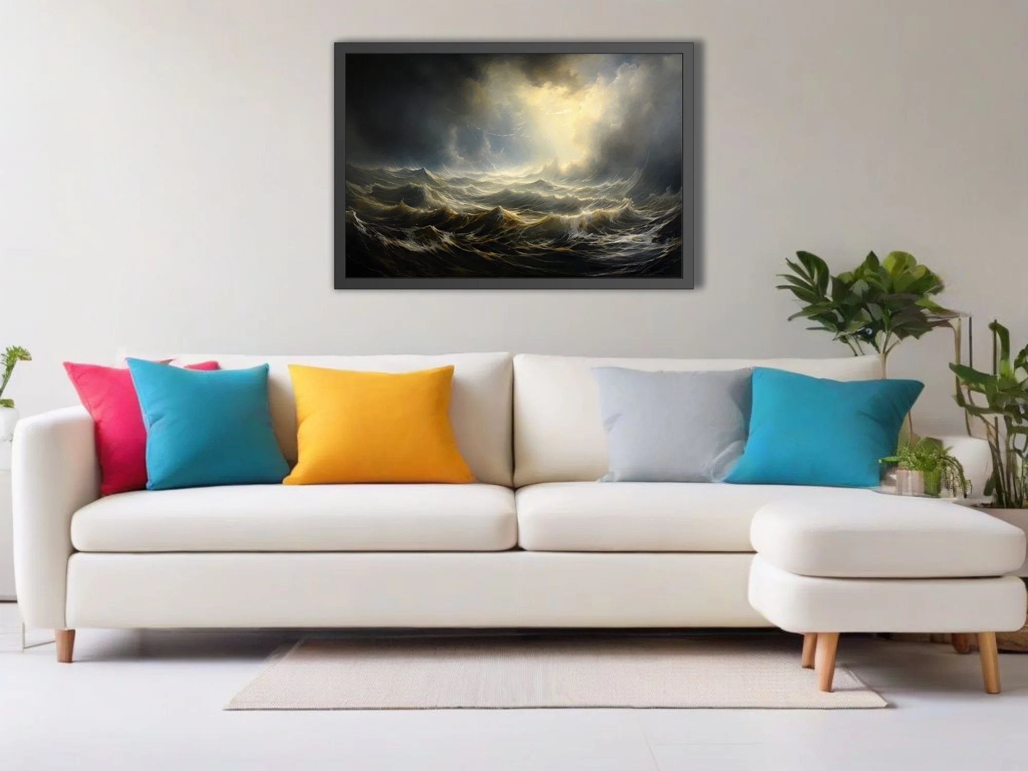 Stormy seascape artwork, dramatic waves and golden light breaking through dark clouds