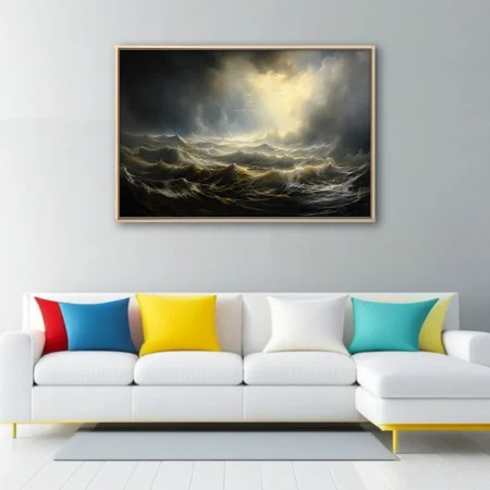 Stormy seascape artwork, dramatic waves and golden light breaking through dark clouds