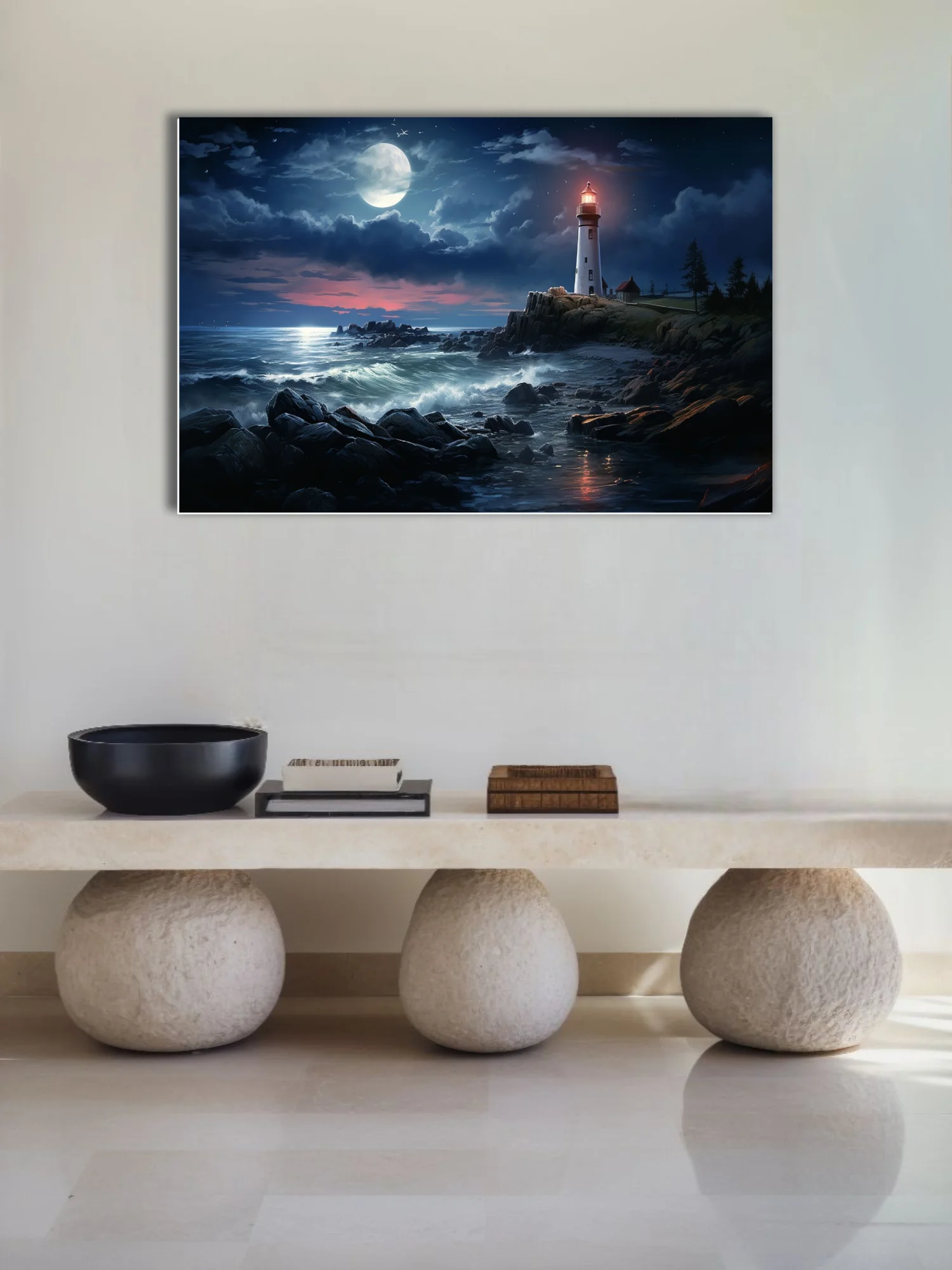 Lighthouse on rocky coast at night, full moon, stormy dark blue sea