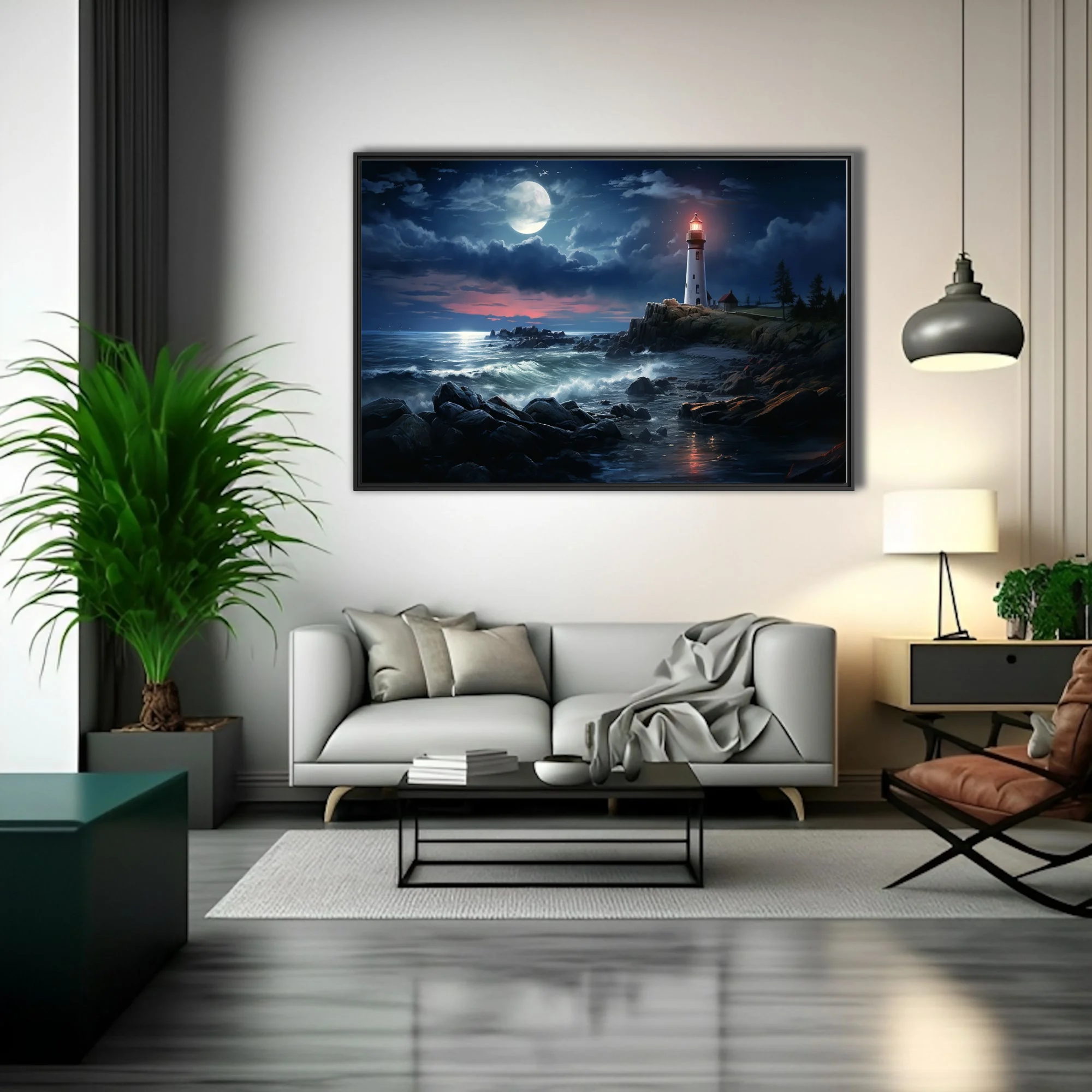 Lighthouse on rocky coast at night, full moon, stormy dark blue sea