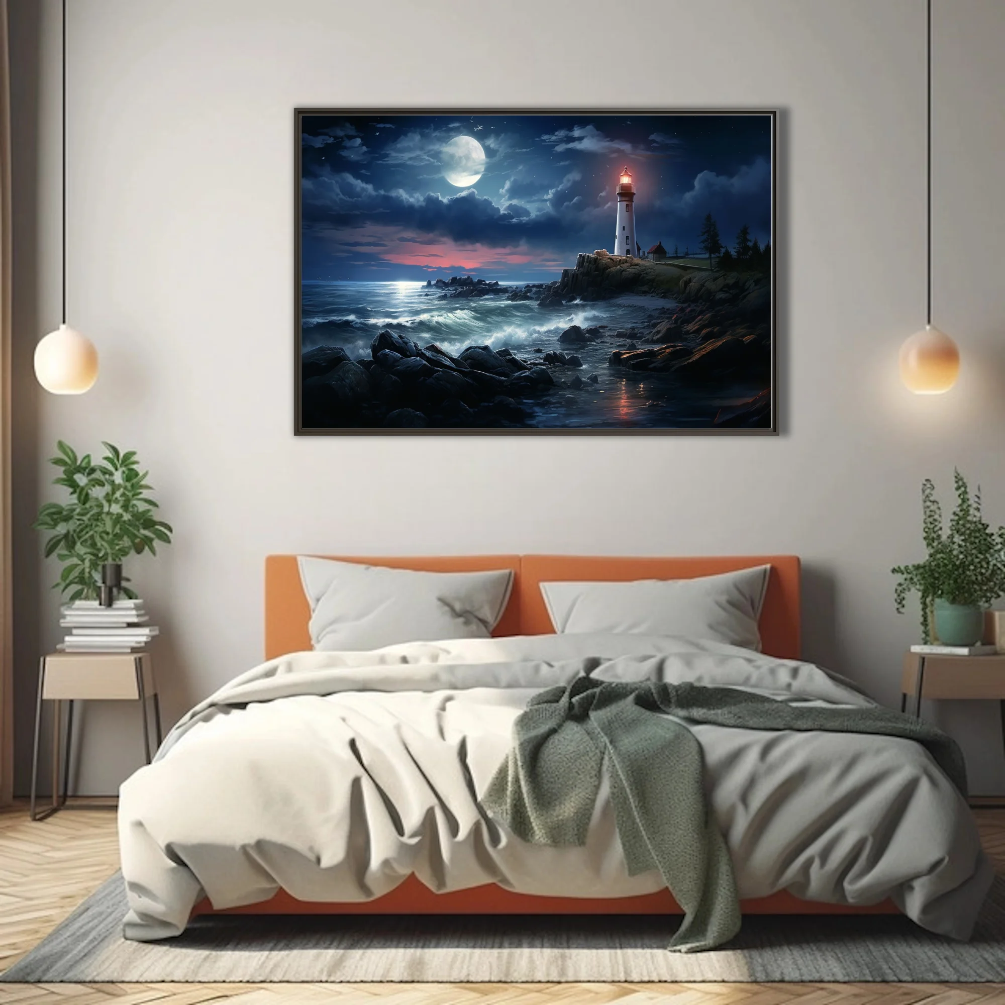 Lighthouse on rocky coast at night, full moon, stormy dark blue sea