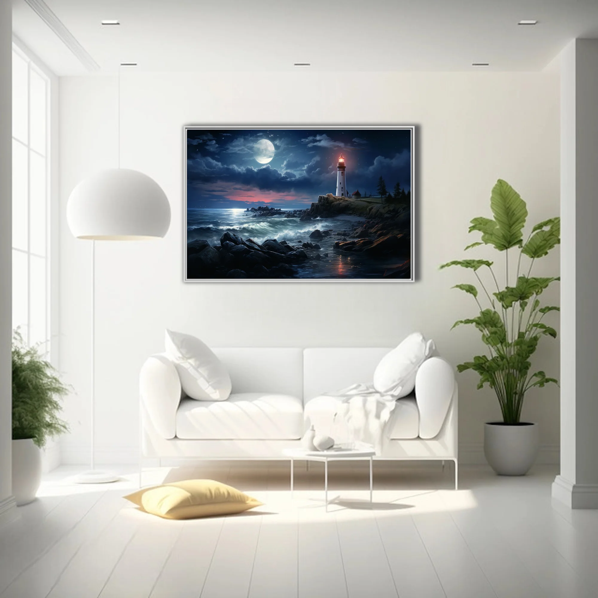 Lighthouse on rocky coast at night, full moon, stormy dark blue sea