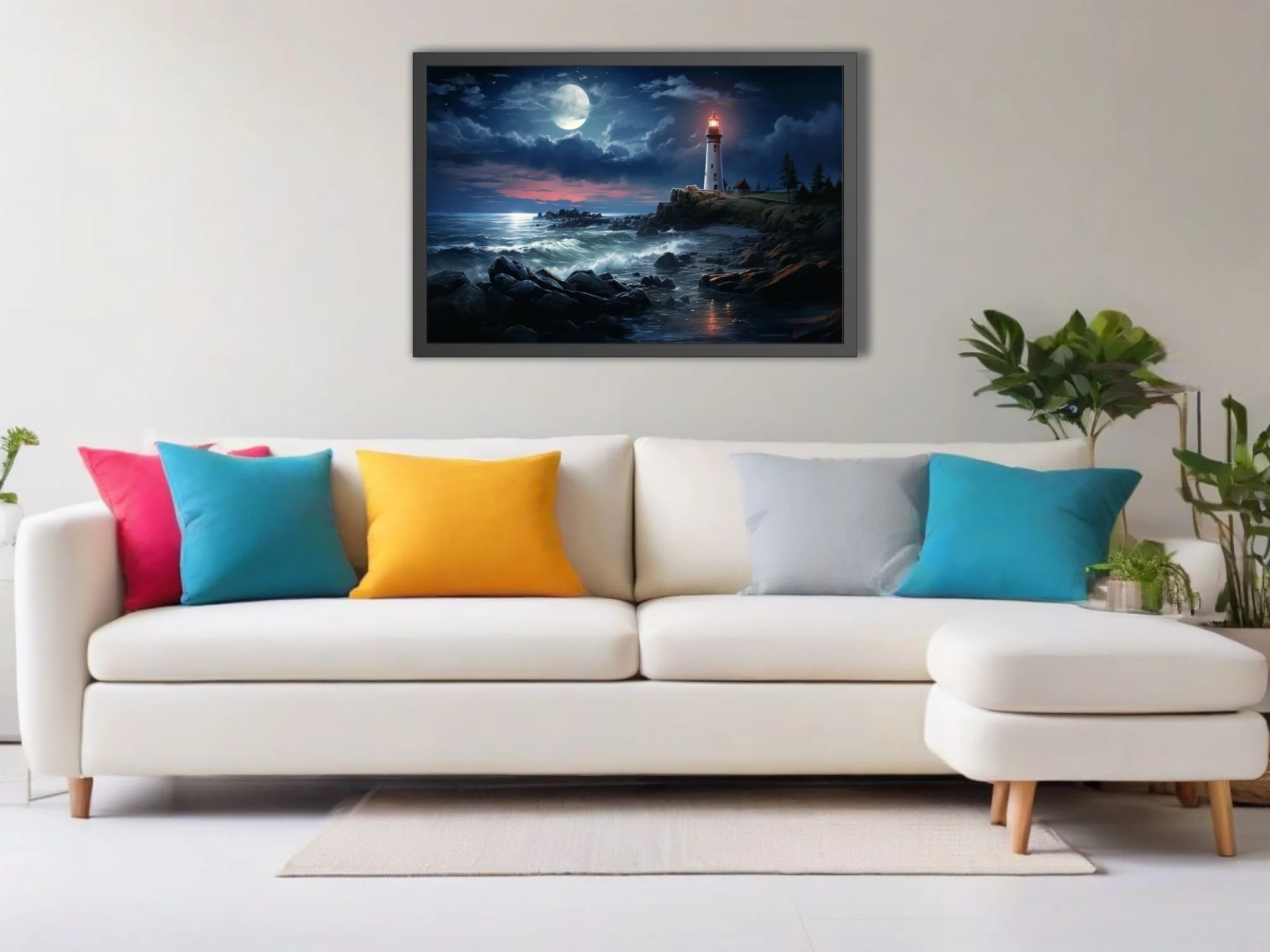 Lighthouse on rocky coast at night, full moon, stormy dark blue sea