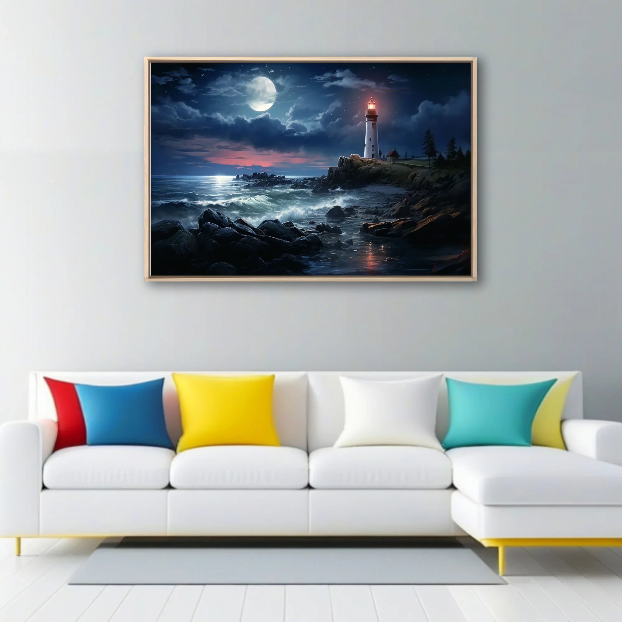 Lighthouse on rocky coast at night, full moon, stormy dark blue sea