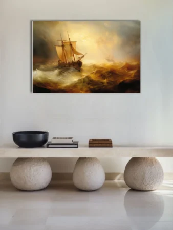 Romantic tall ship in stormy golden seas, dramatic maritime scene