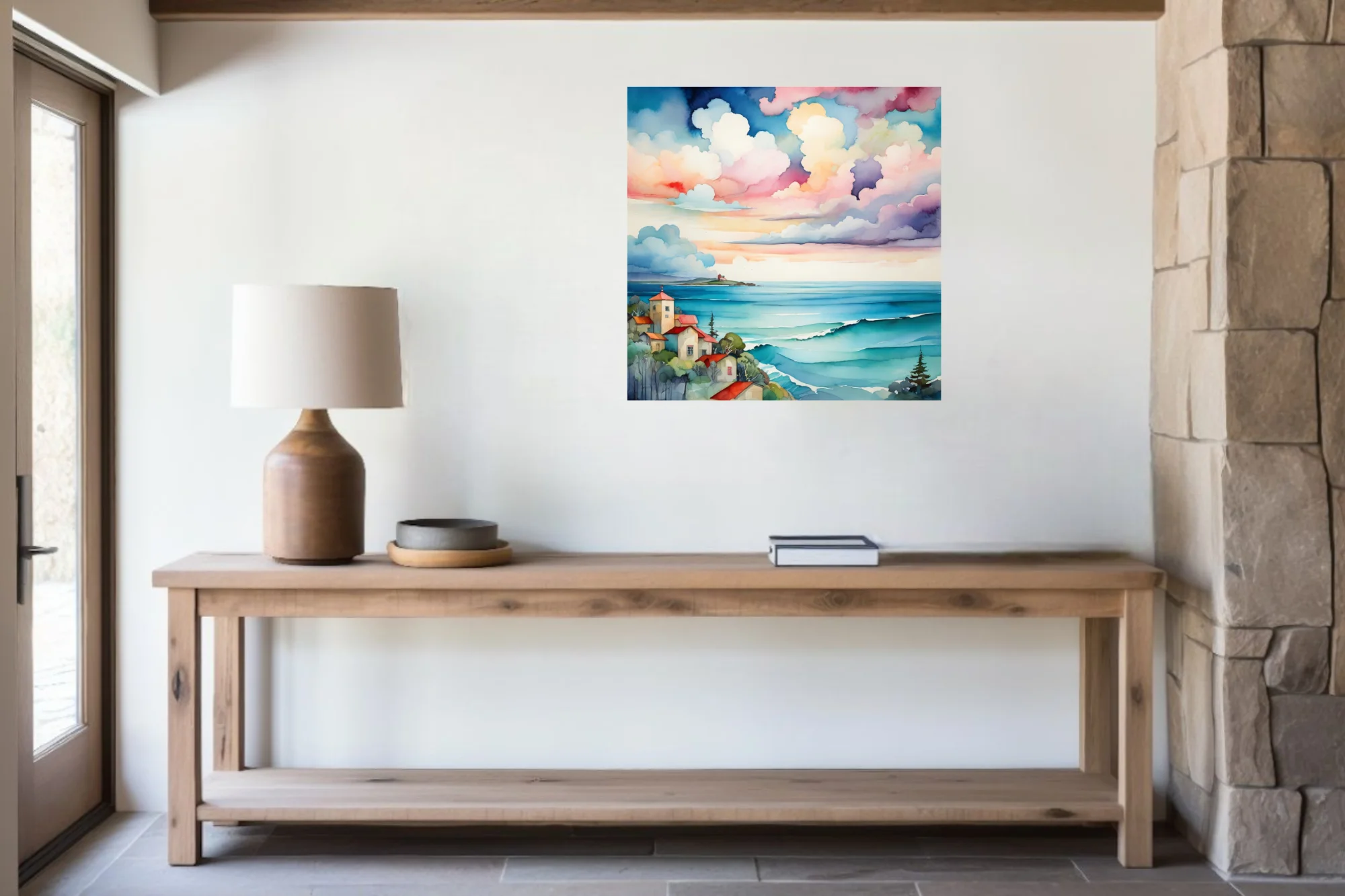Watercolor-style coastal village scene with turquoise waves and pastel cloudscape
