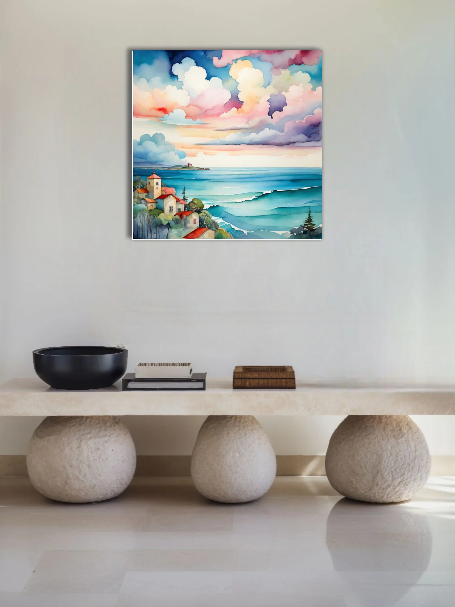 Watercolor-style coastal village scene with turquoise waves and pastel cloudscape