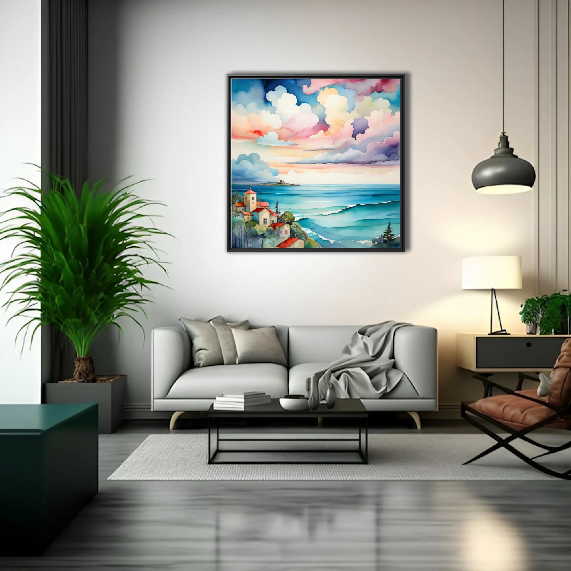 Watercolor-style coastal village scene with turquoise waves and pastel cloudscape