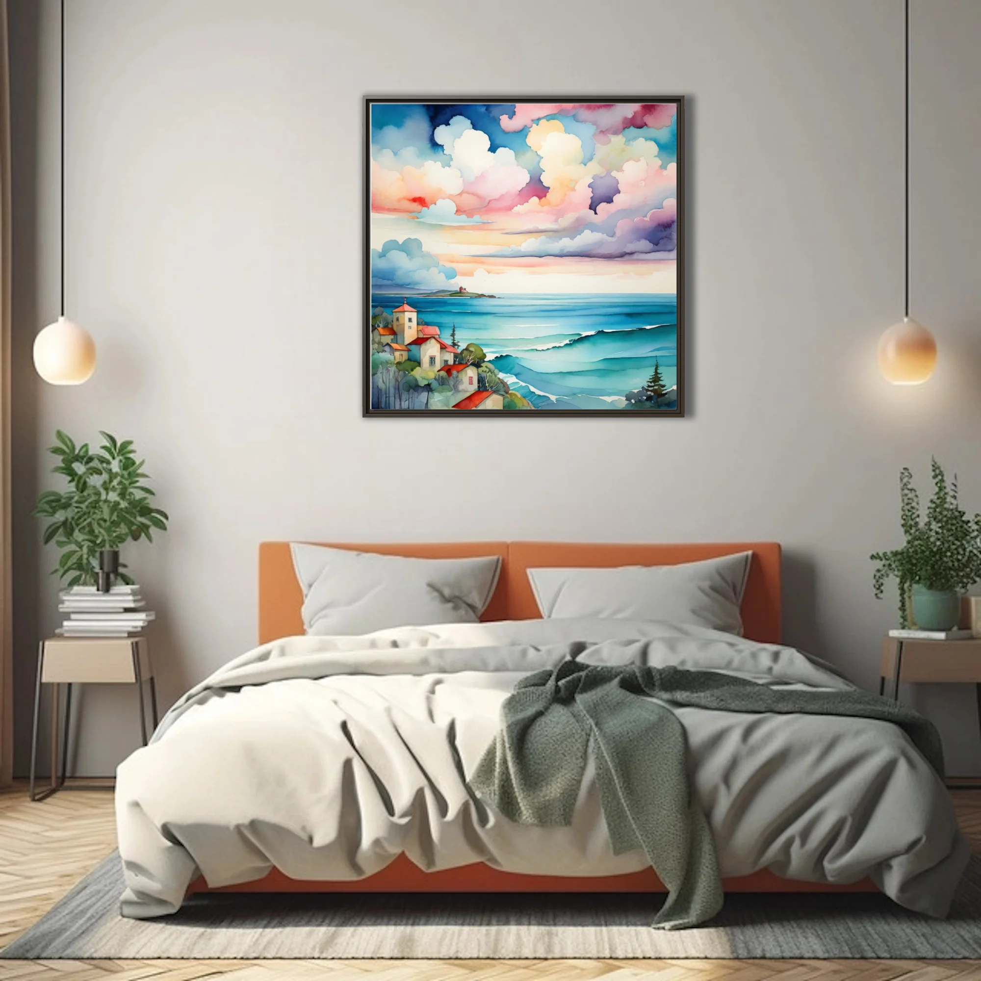 Watercolor-style coastal village scene with turquoise waves and pastel cloudscape