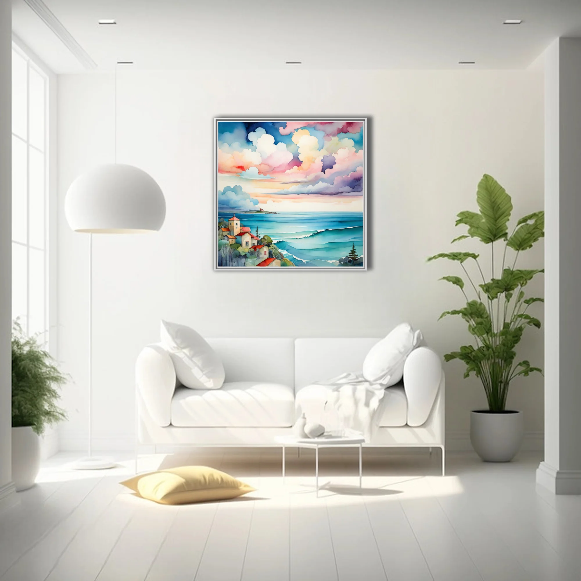 Watercolor-style coastal village scene with turquoise waves and pastel cloudscape