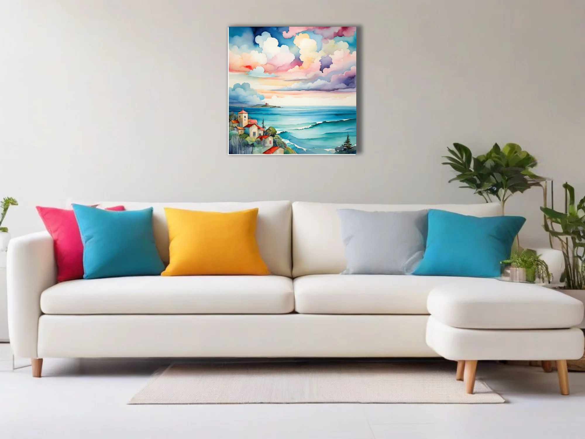 Watercolor-style coastal village scene with turquoise waves and pastel cloudscape