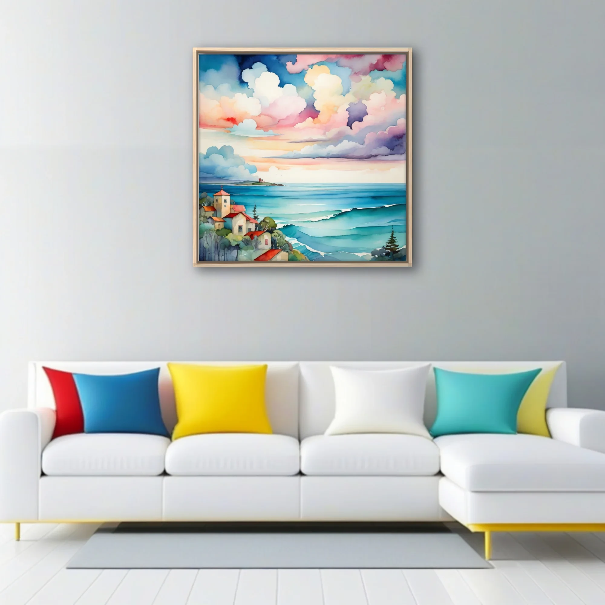 Watercolor-style coastal village scene with turquoise waves and pastel cloudscape