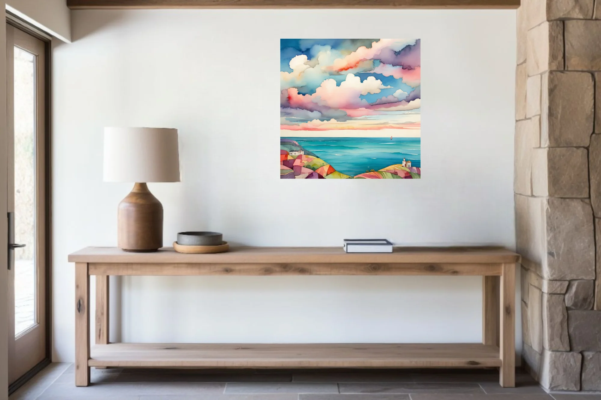 Watercolor-style coastal seascape with dramatic pastel cloudscape and turquoise sea