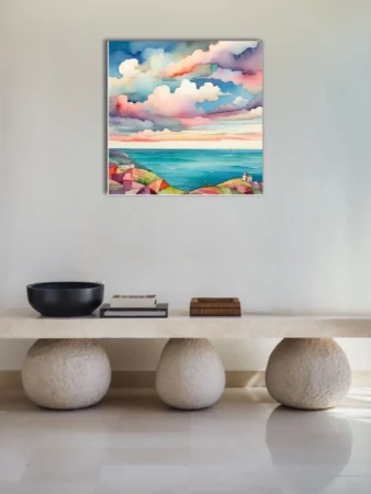 Watercolor-style coastal seascape with dramatic pastel cloudscape and turquoise sea