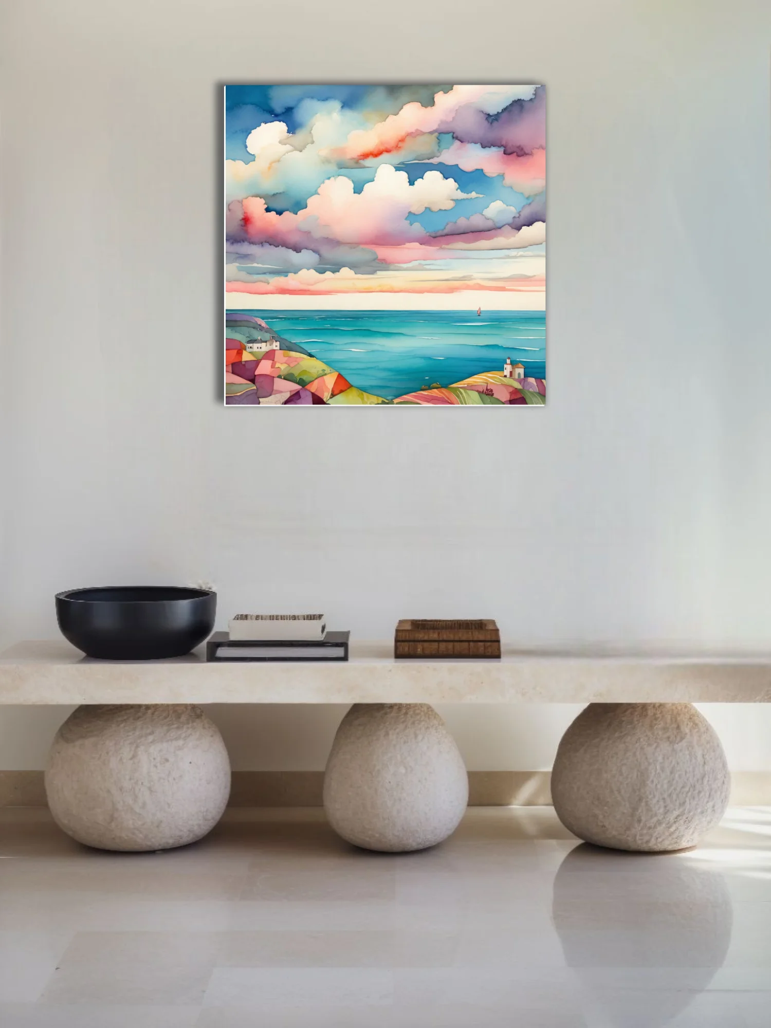 Watercolor-style coastal seascape with dramatic pastel cloudscape and turquoise sea