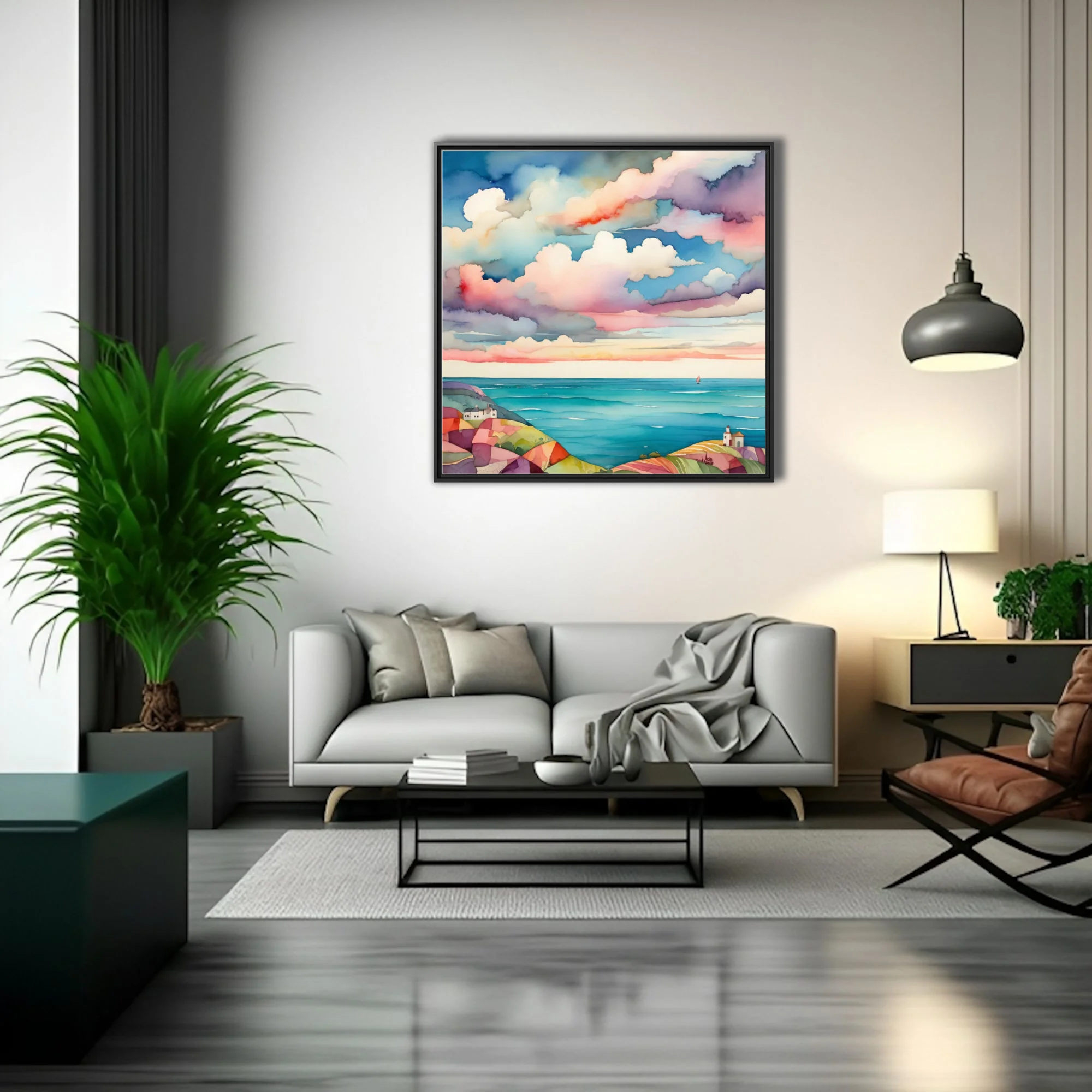 Watercolor-style coastal seascape with dramatic pastel cloudscape and turquoise sea