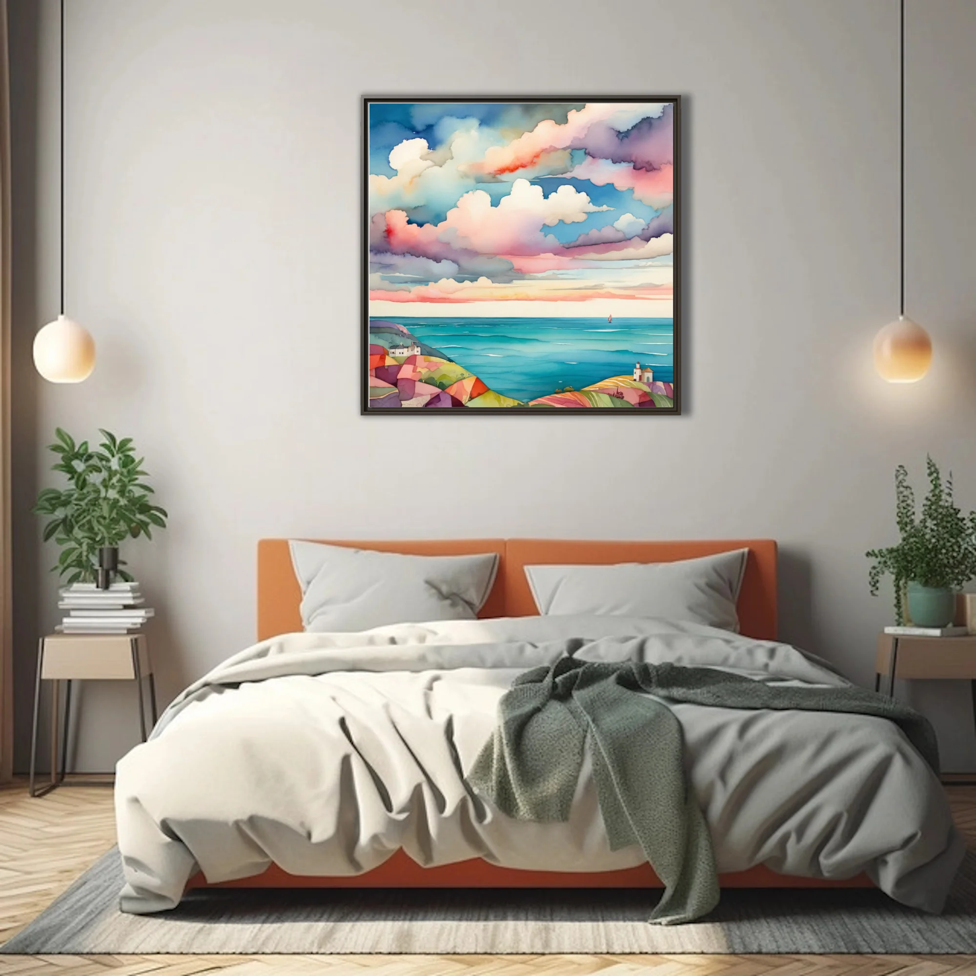 Watercolor-style coastal seascape with dramatic pastel cloudscape and turquoise sea