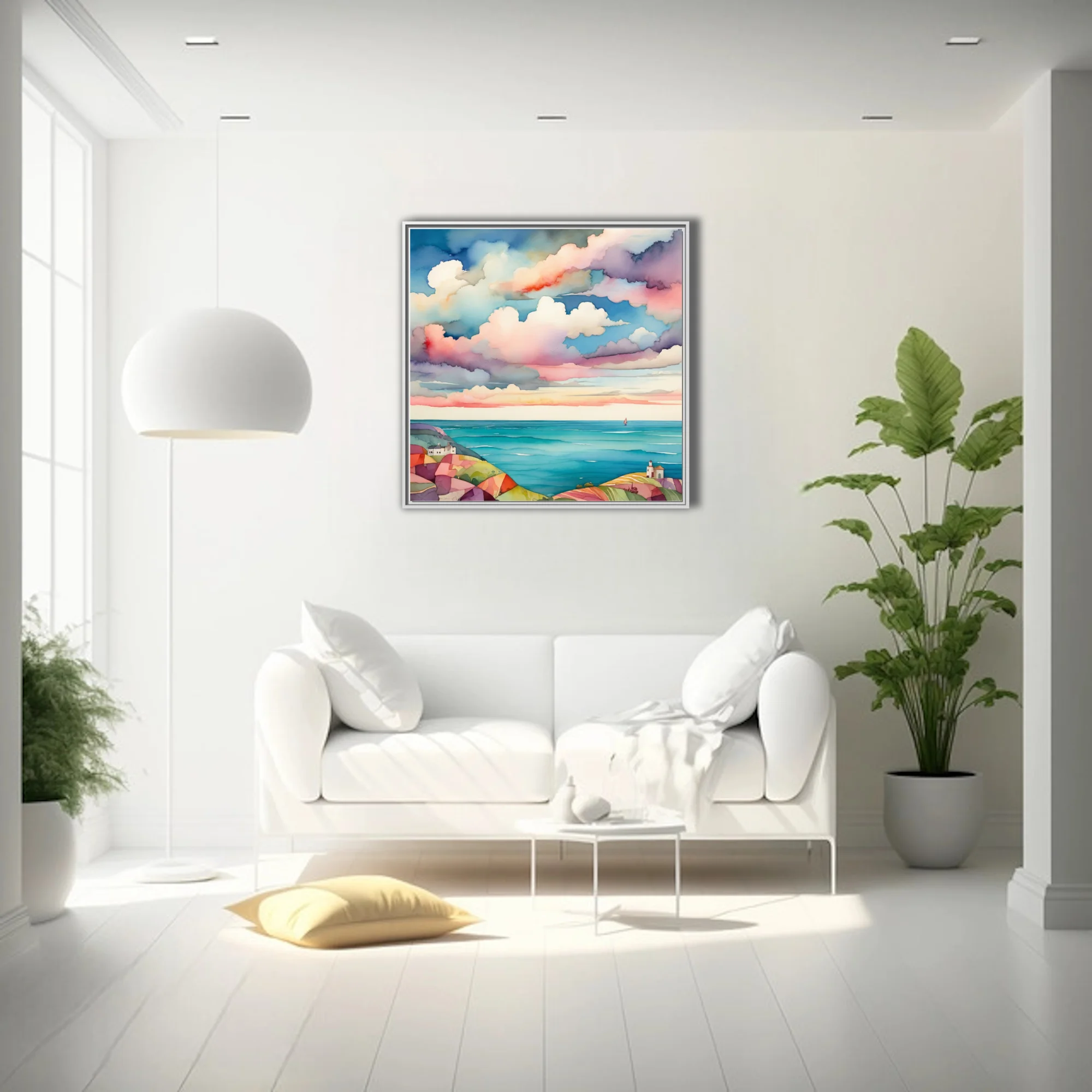 Watercolor-style coastal seascape with dramatic pastel cloudscape and turquoise sea