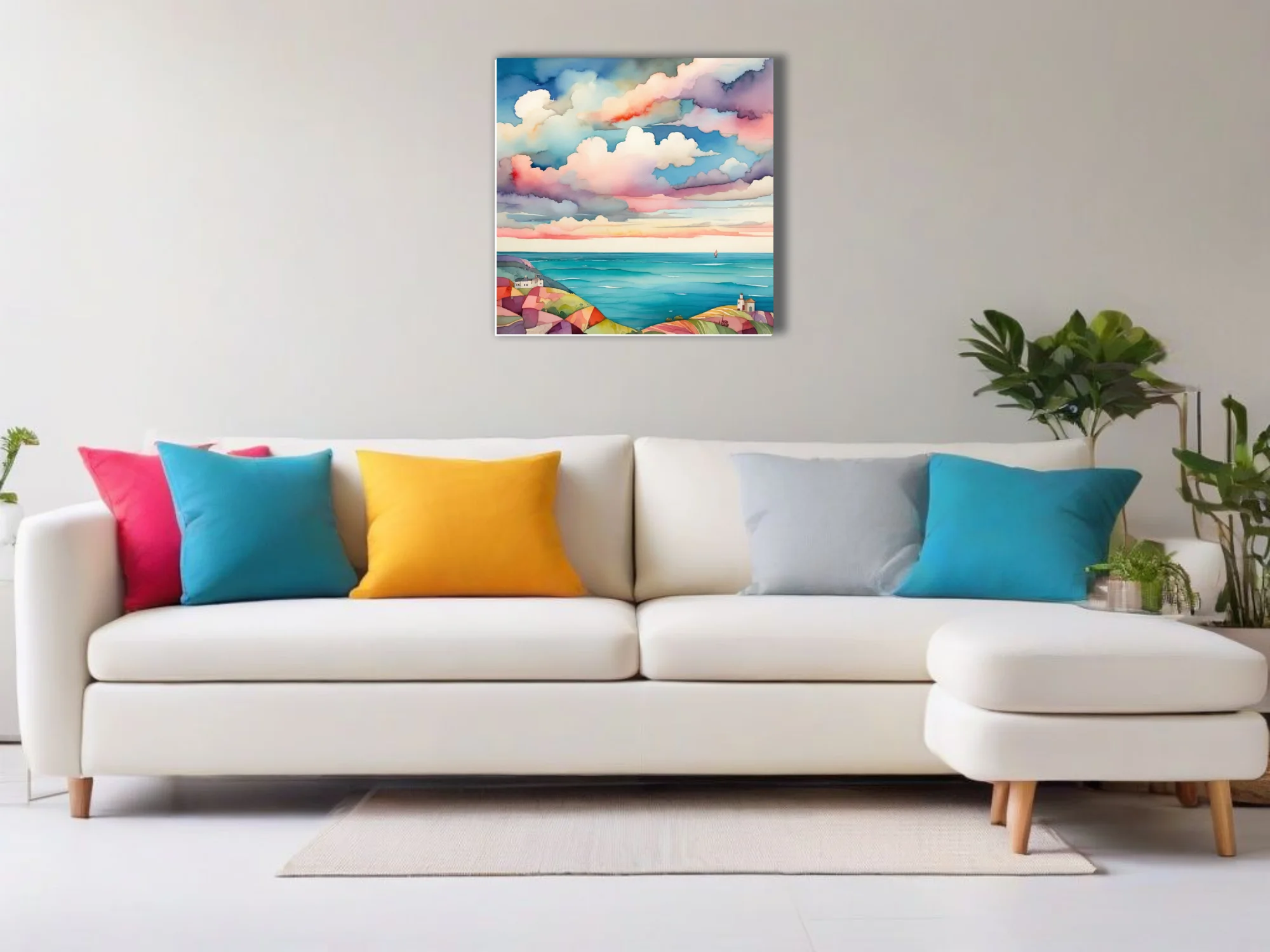 Watercolor-style coastal seascape with dramatic pastel cloudscape and turquoise sea