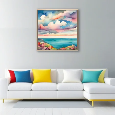 Watercolor-style coastal seascape with dramatic pastel cloudscape and turquoise sea