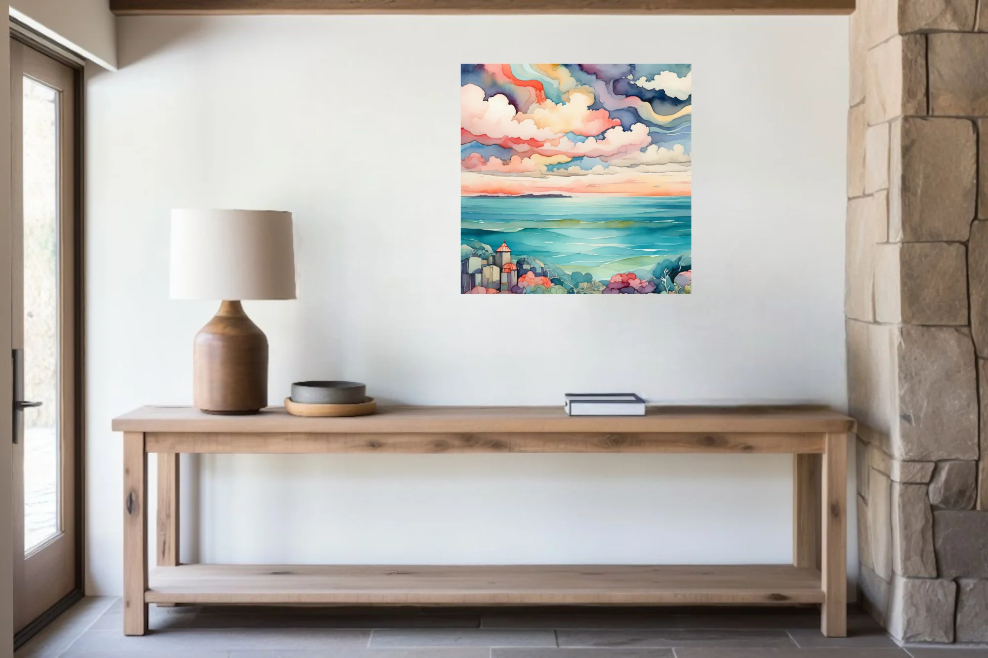 Watercolor-style coastal seascape with dramatic pastel clouds and teal ocean waters