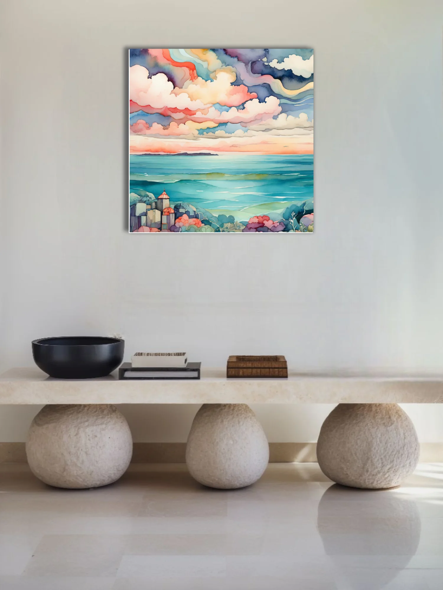 Watercolor-style coastal seascape with dramatic pastel clouds and teal ocean waters