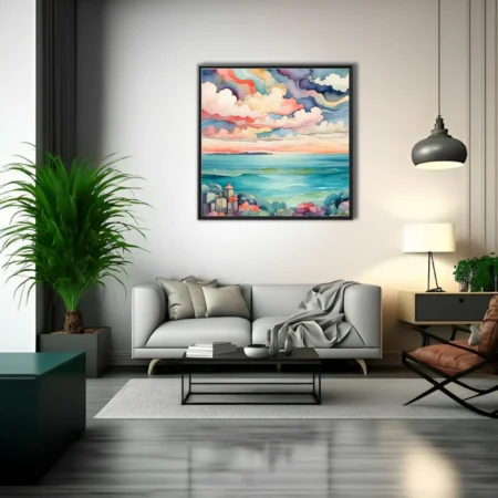 Watercolor-style coastal seascape with dramatic pastel clouds and teal ocean waters